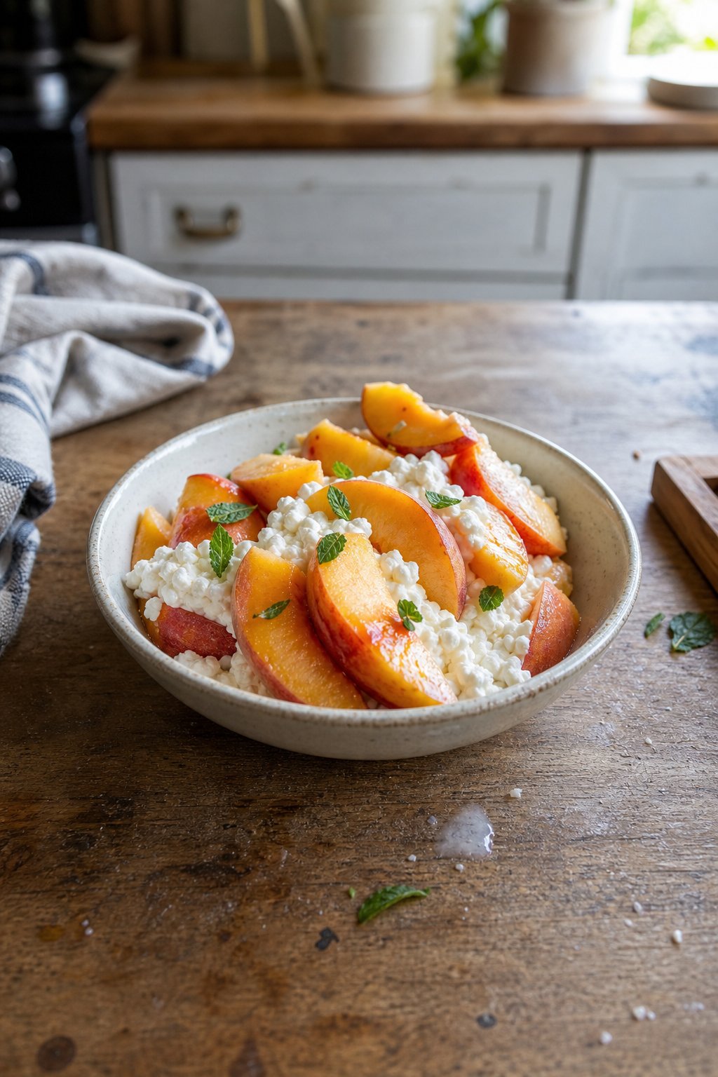 A bowl of cottage cheese topped with soft peach slices on a kitchen counter.