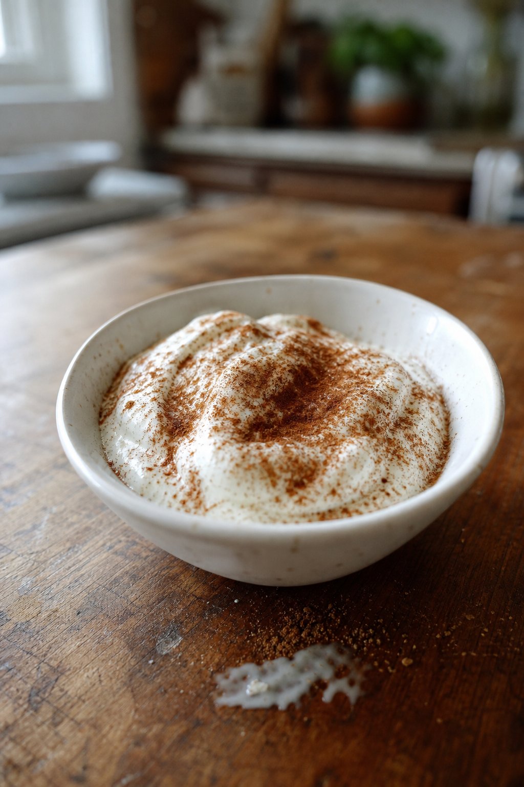 A bowl of Greek yogurt sprinkled with ground cinnamon on a kitchen table.