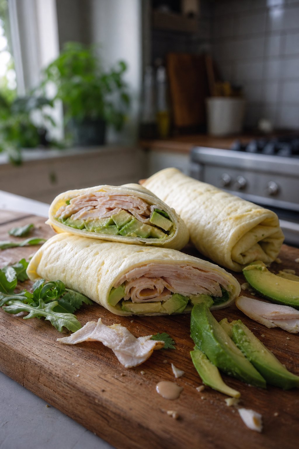 Egg white wraps filled with turkey and avocado on a kitchen surface.