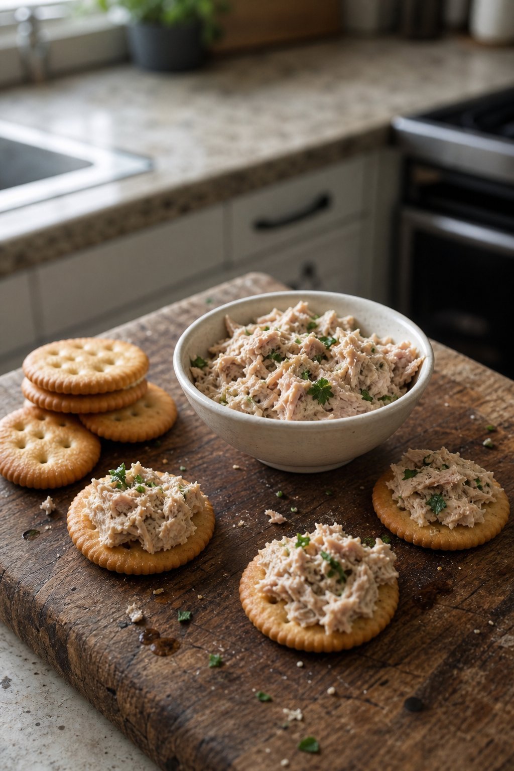 A bowl of herb and garlic tuna with crackers on a kitchen counter.