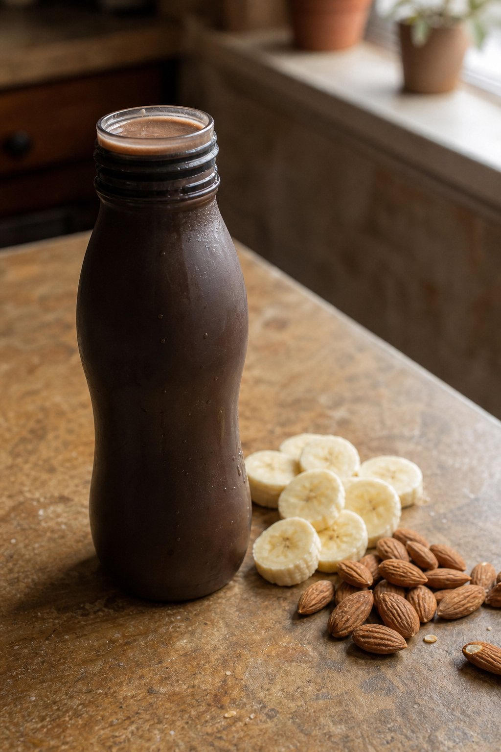 A chocolate protein shake beside sliced banana and almonds on a kitchen surface.