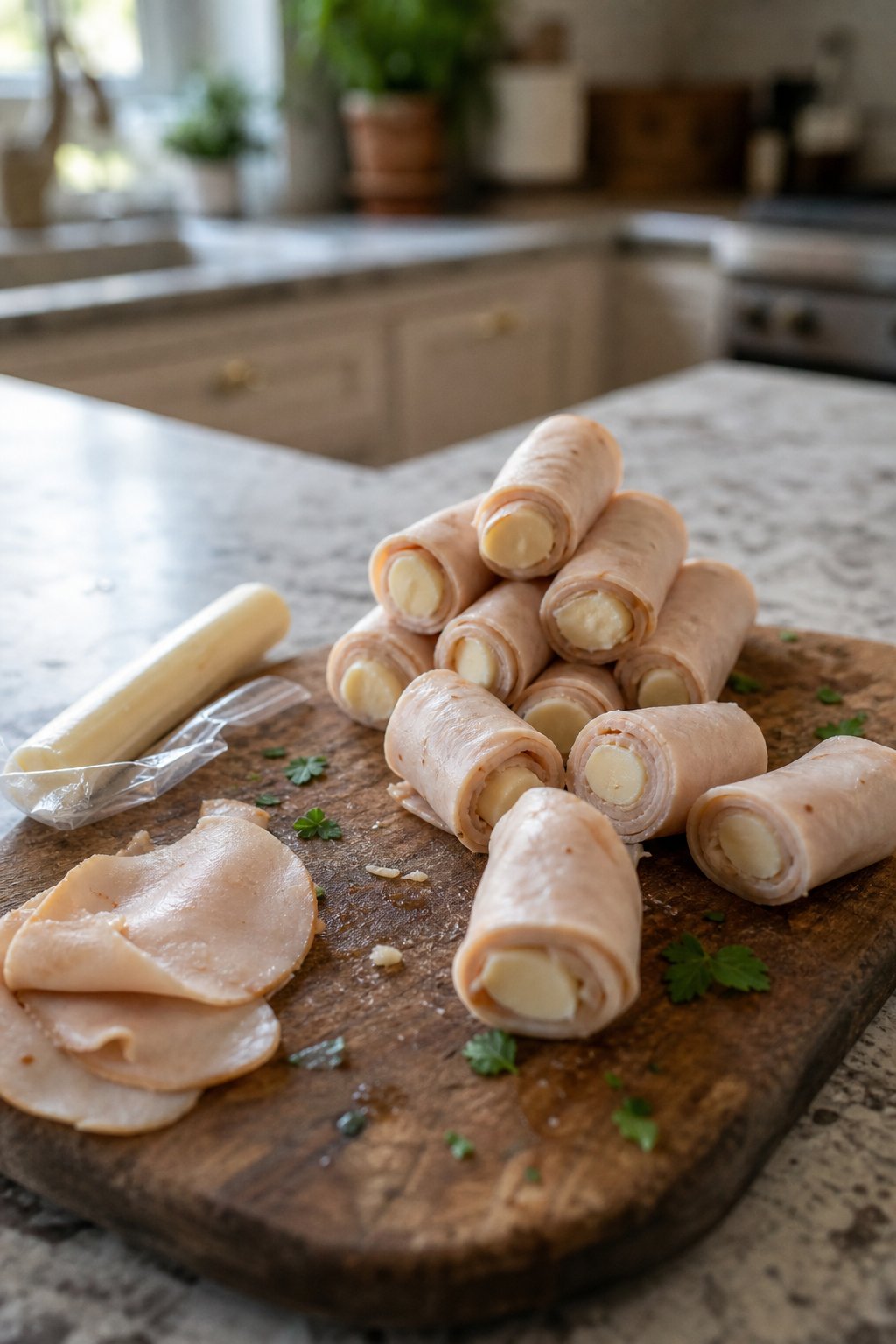Turkey slices wrapped around string cheese pieces on a kitchen surface.