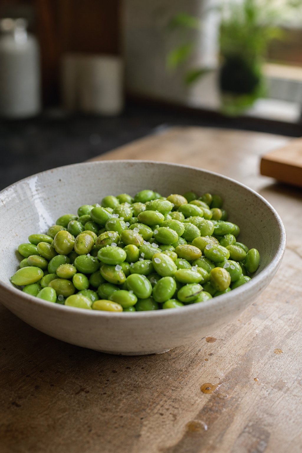 A bowl of salted shelled edamame on a kitchen countertop.