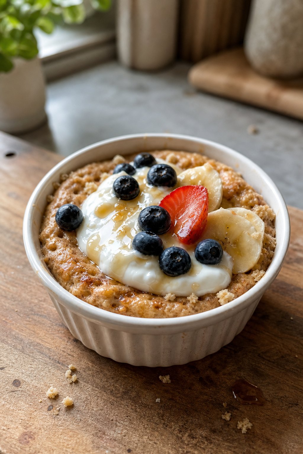 A flapjack cup topped with Greek yogurt, syrup, and fruit on a kitchen counter.