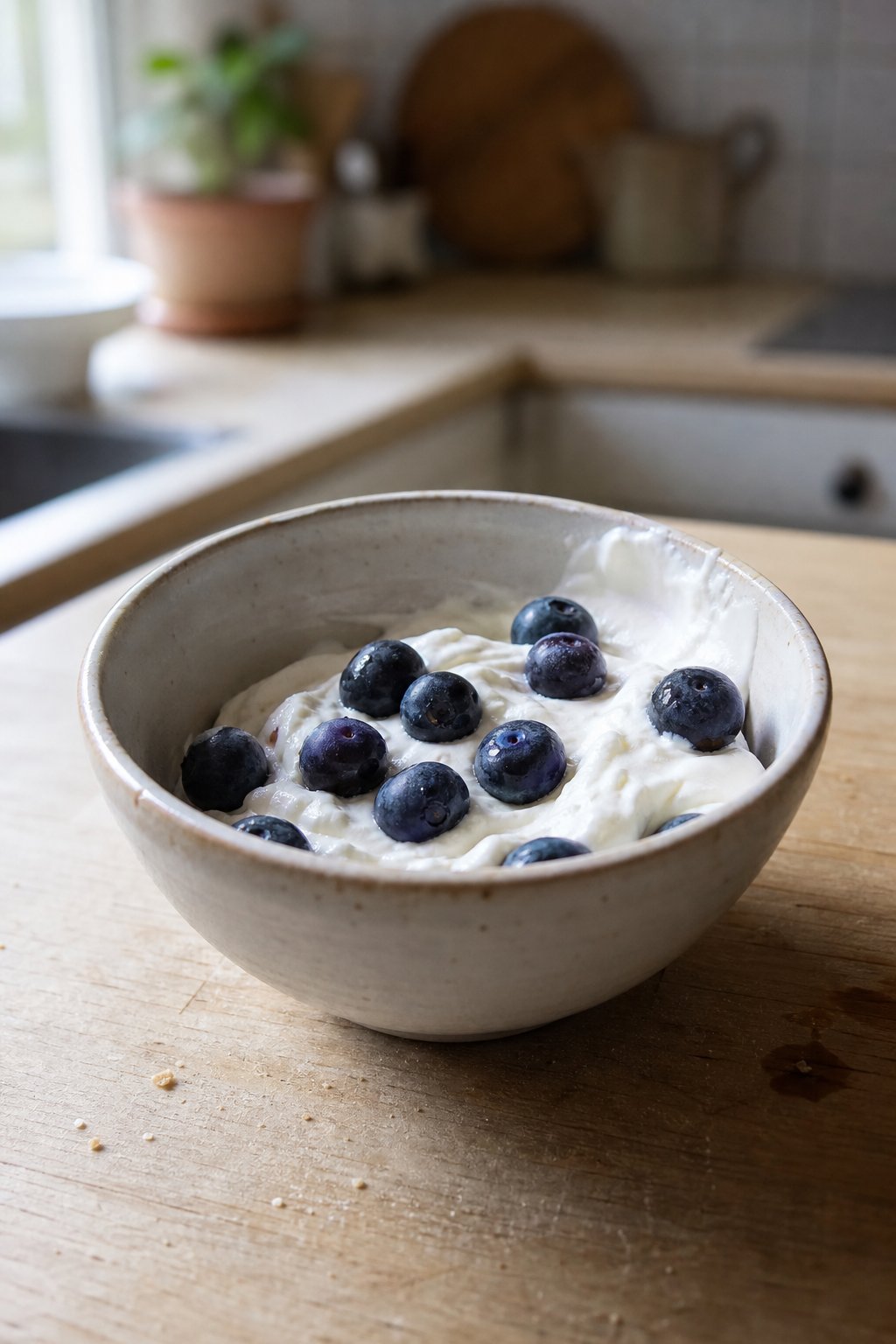 A small bowl of plain skyr topped with several fresh blueberries on a kitchen counter.