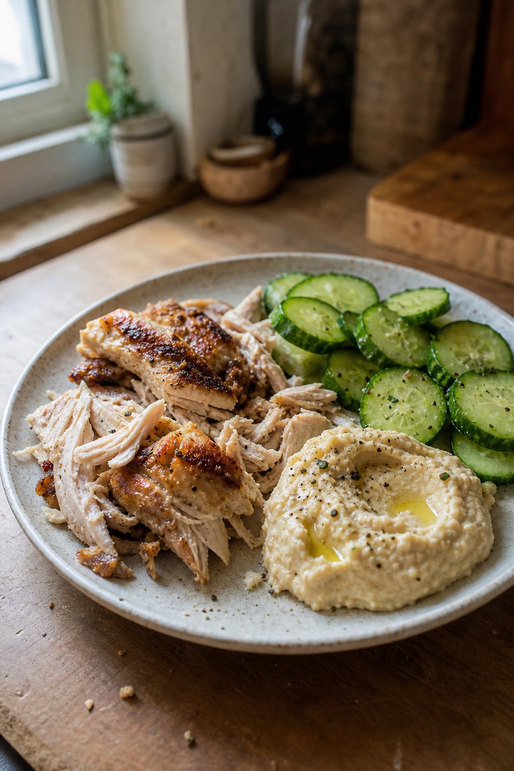 A plate of rotisserie chicken with hummus and sliced cucumber on a kitchen surface.