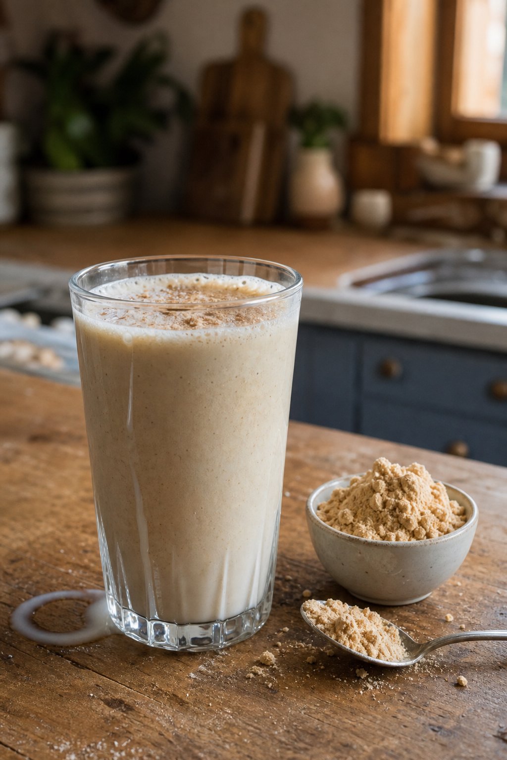 A glass of milk mixed with powdered peanut butter beside a small bowl of peanut butter powder on a kitchen counter.