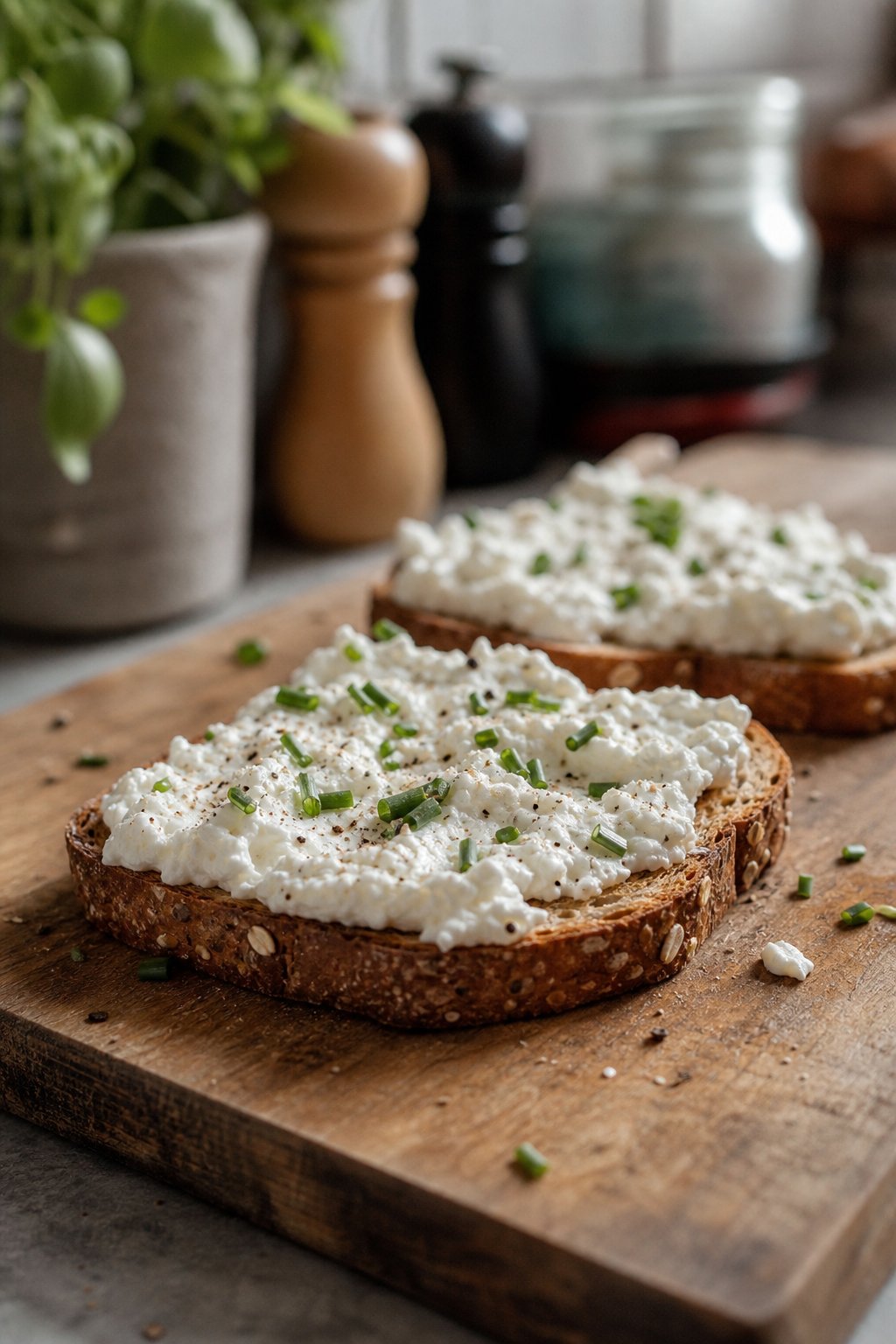 Thin-sliced toast topped with whipped cottage cheese on a kitchen surface.