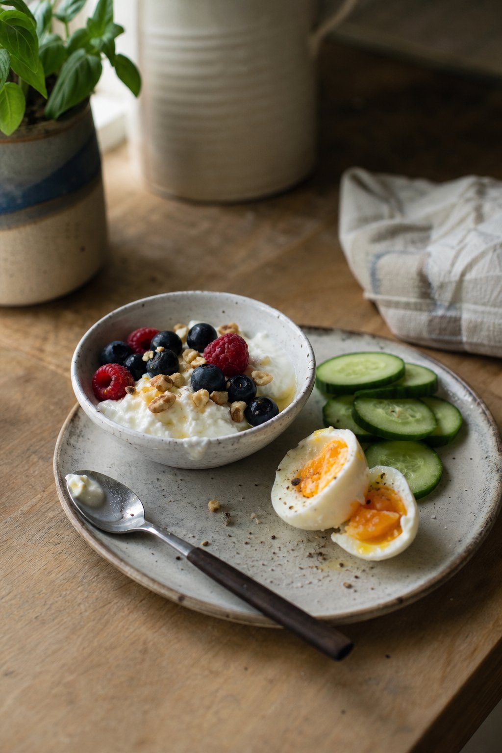A small bowl of yogurt with berries and nuts sits beside a halved boiled egg and cucumber slices on a kitchen counter.