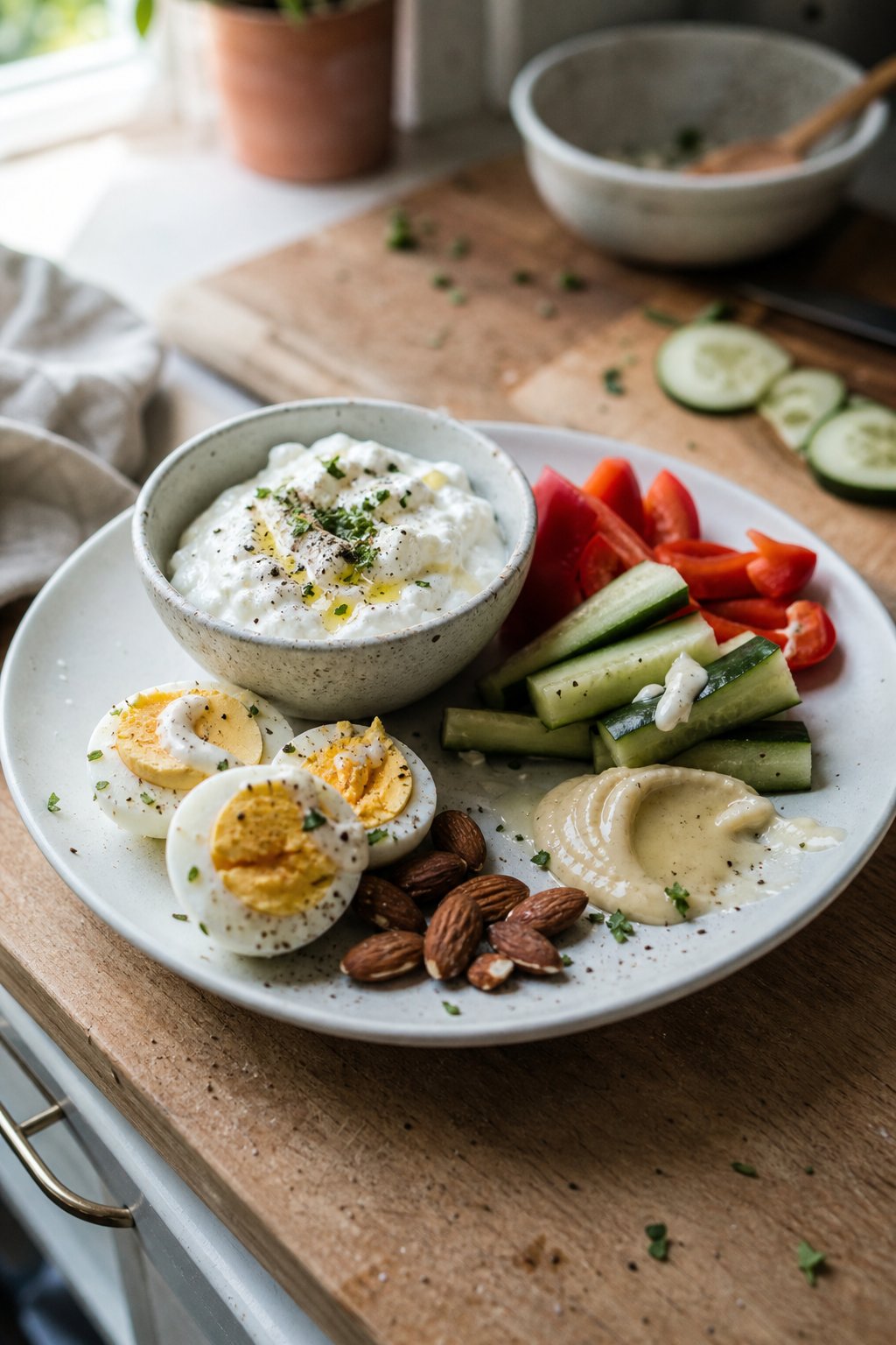 A small plate of high-protein snacks, including yogurt, egg, vegetables, and almonds, on a kitchen counter.
