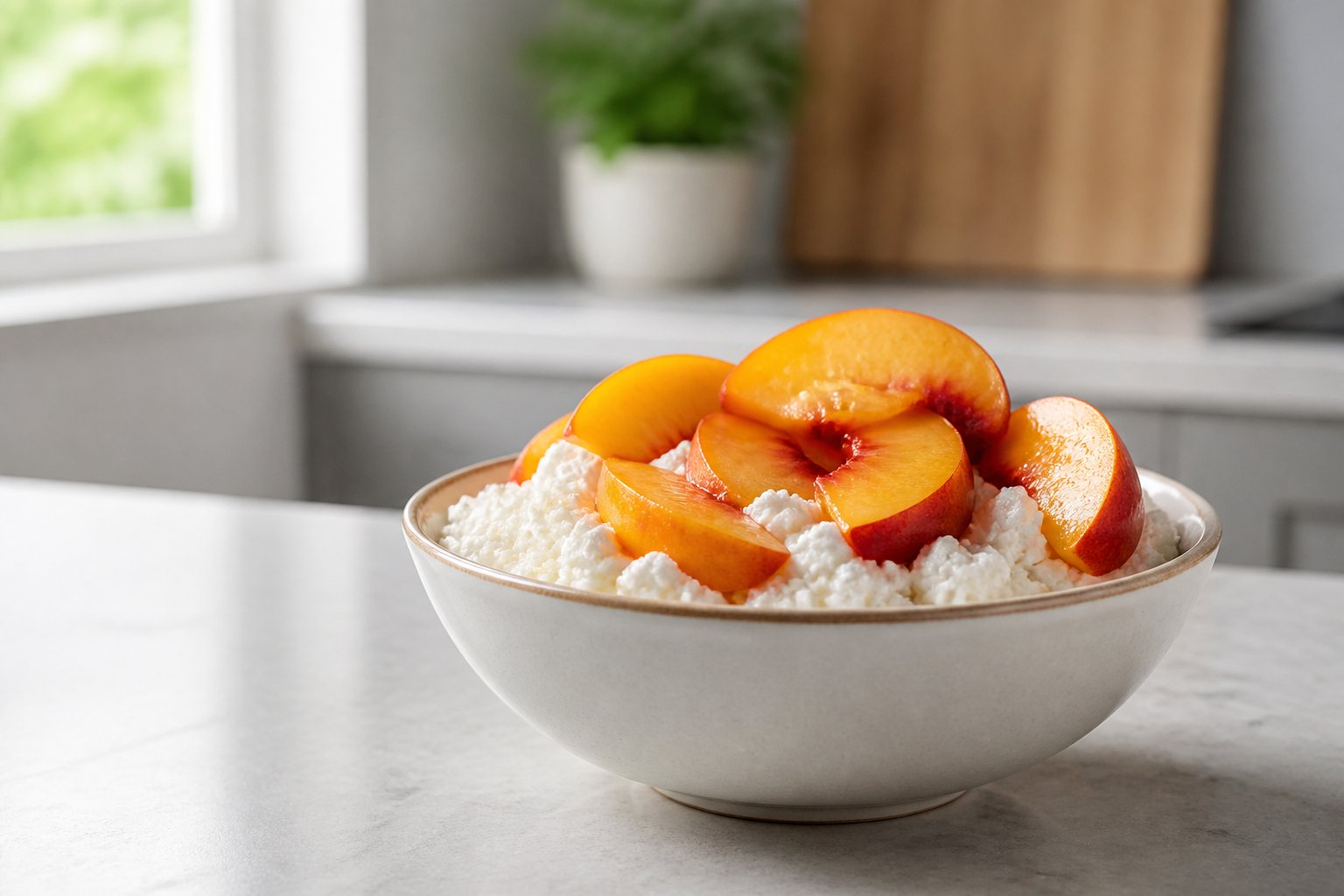 A bowl of cottage cheese topped with sliced peaches on a kitchen counter.