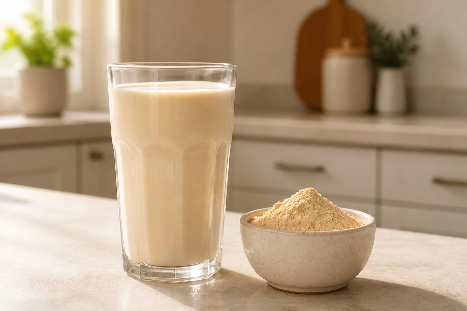 A glass of milk mixed with powdered peanut butter sits beside a small bowl of peanut butter powder on a kitchen counter.