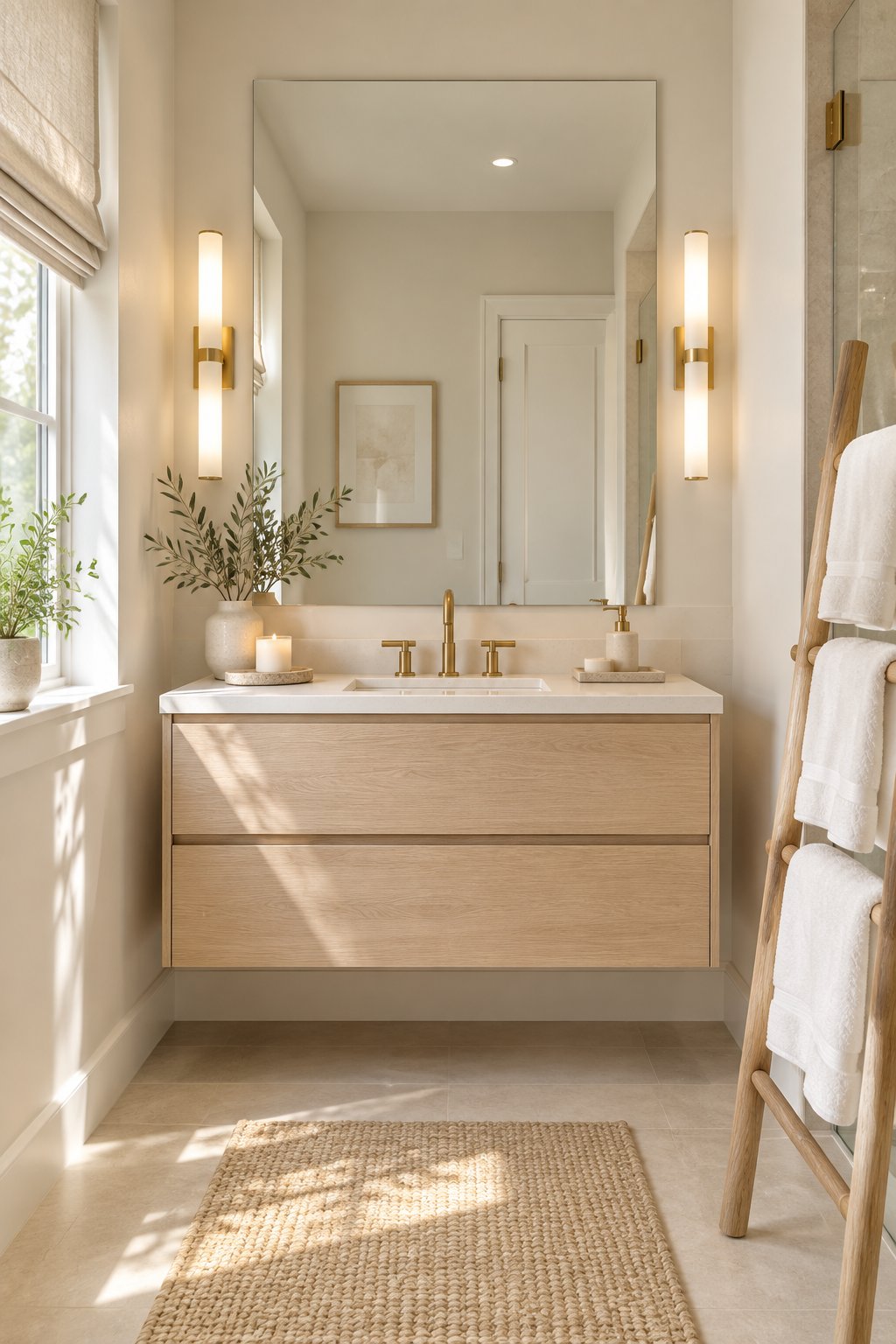 A bright bathroom with a floating wood vanity, brass fixtures, a large mirror, and folded white towels.