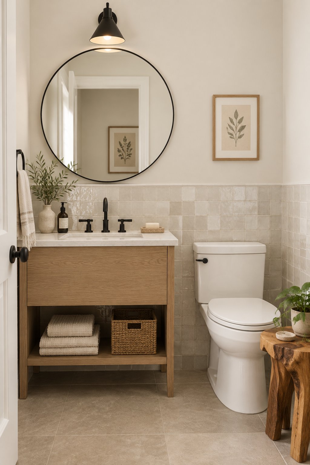 A modern bathroom with pale upper walls, tiled lower walls, black fixtures, a wooden stool, and a large round mirror.