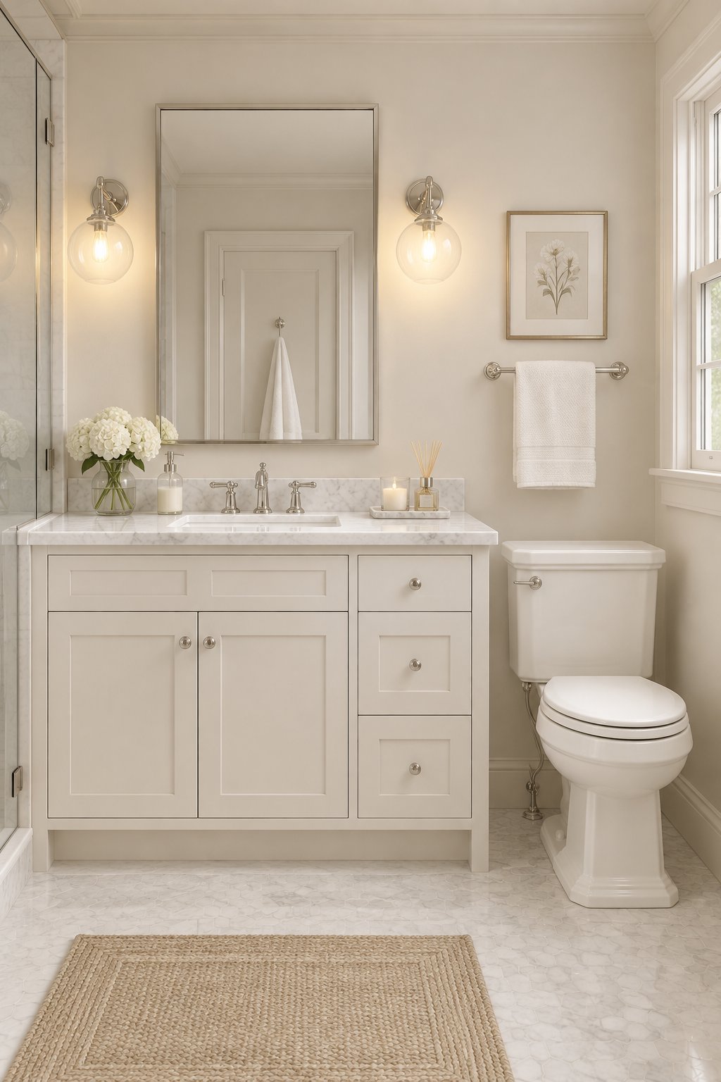 A bathroom with pale cabinetry, marble countertops, metallic fixtures, and illuminated wall sconces.