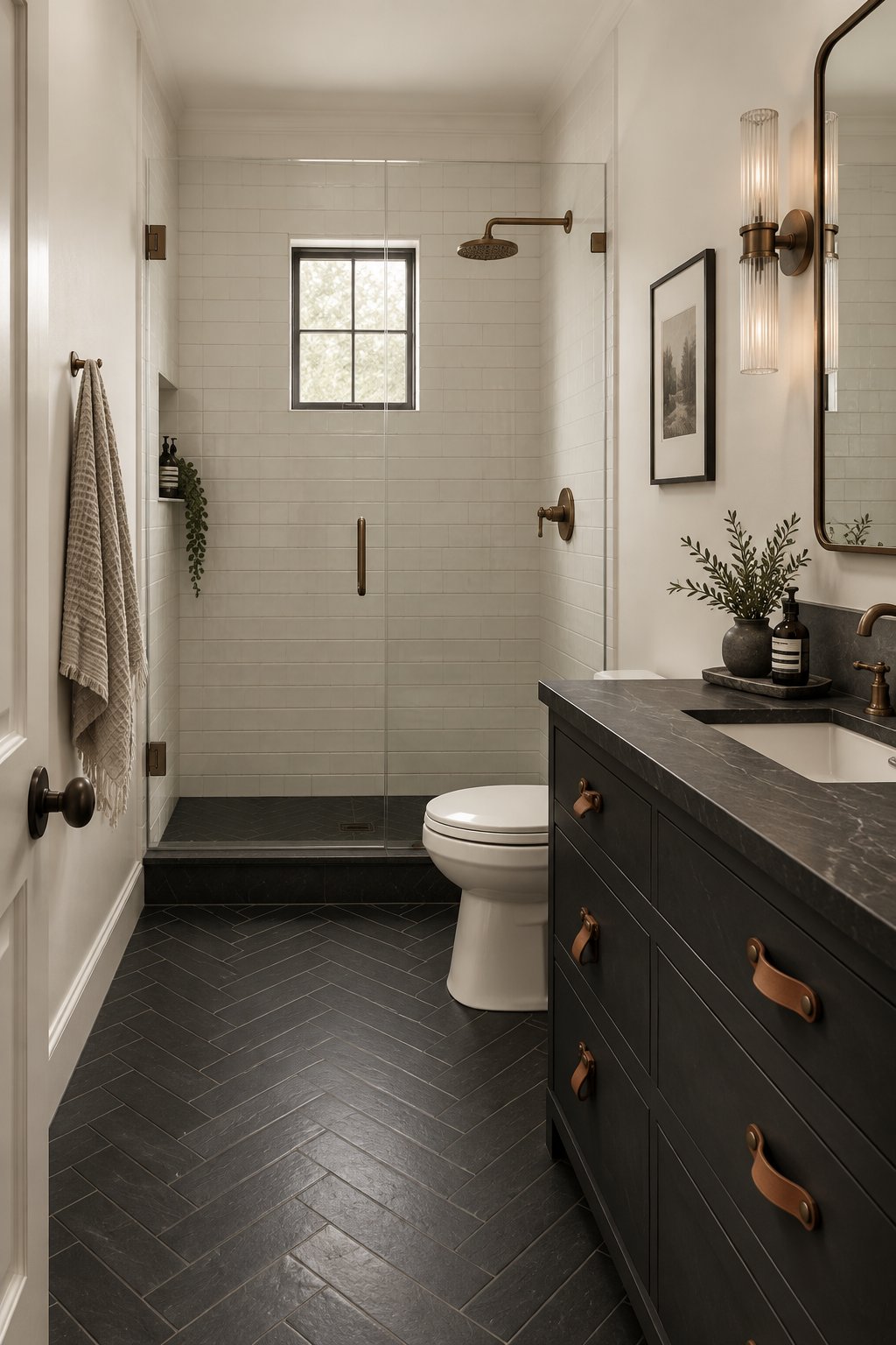 A sophisticated bathroom with warm white walls, a dark tiled floor, and a deep charcoal vanity.
