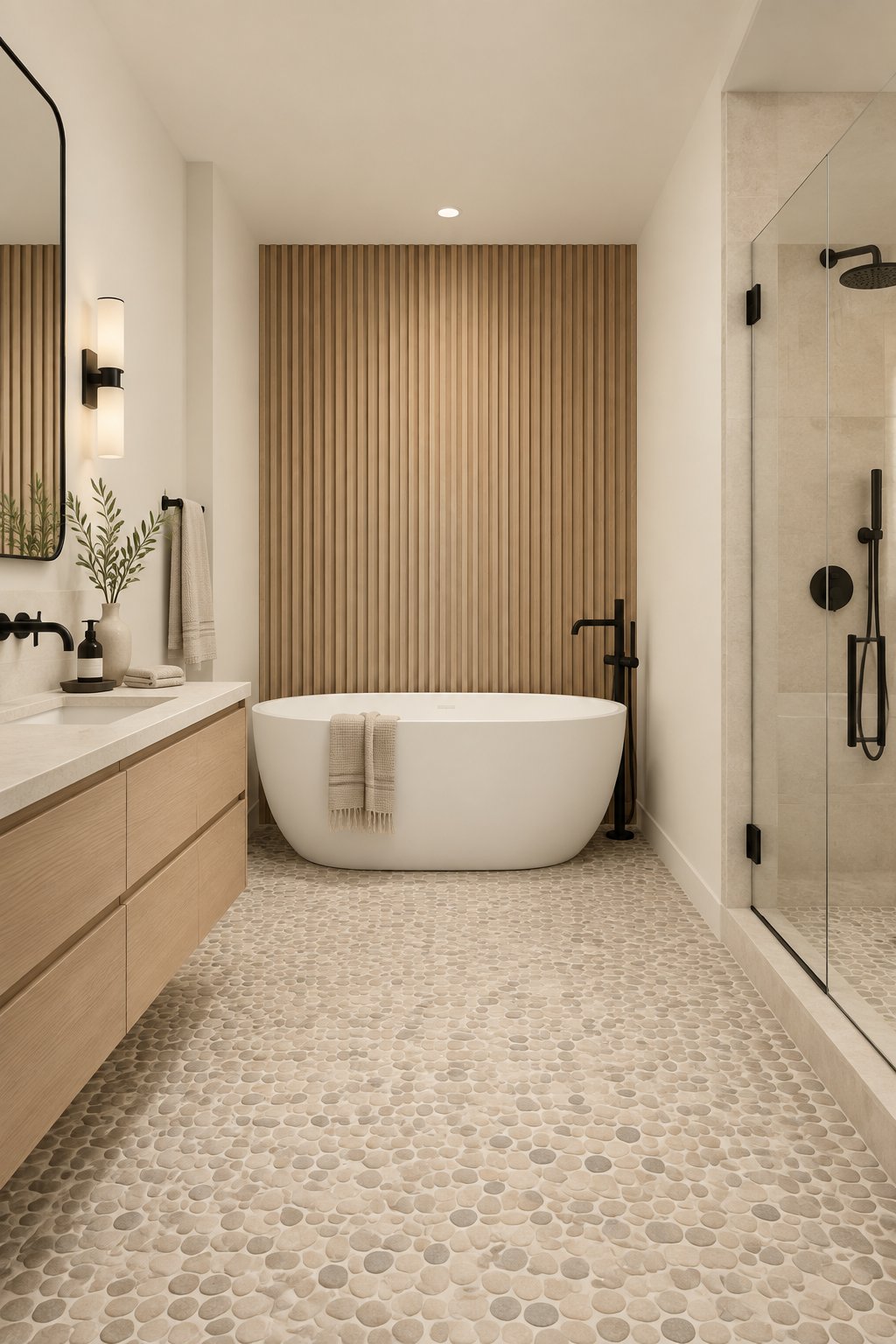 A quiet bathroom with a freestanding tub, pale walls, a wood slat accent wall, and natural stone flooring.