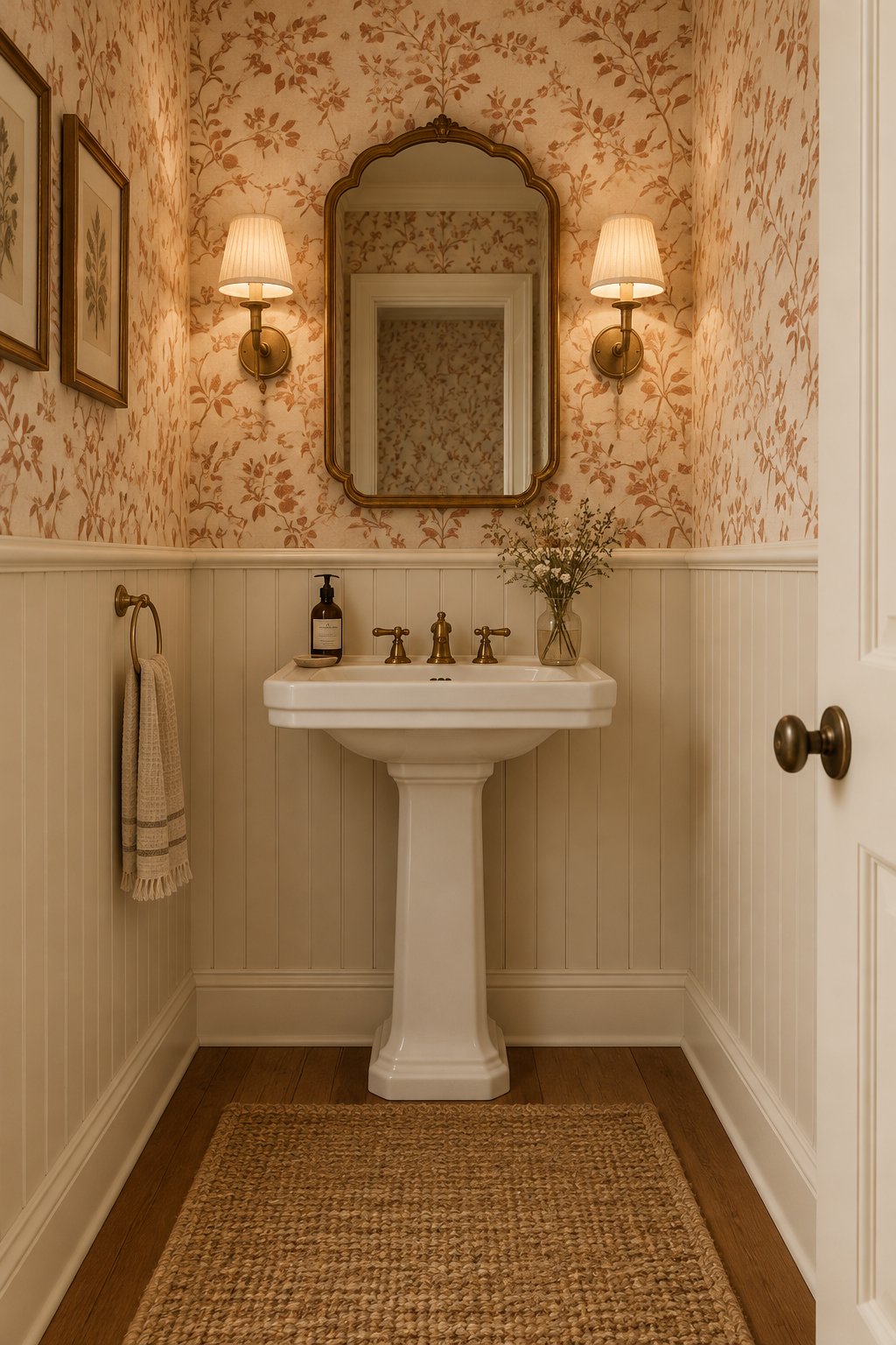 A vintage-inspired powder room with paneled lower walls, botanical upper walls, a brass mirror, a porcelain sink, and a runner rug.