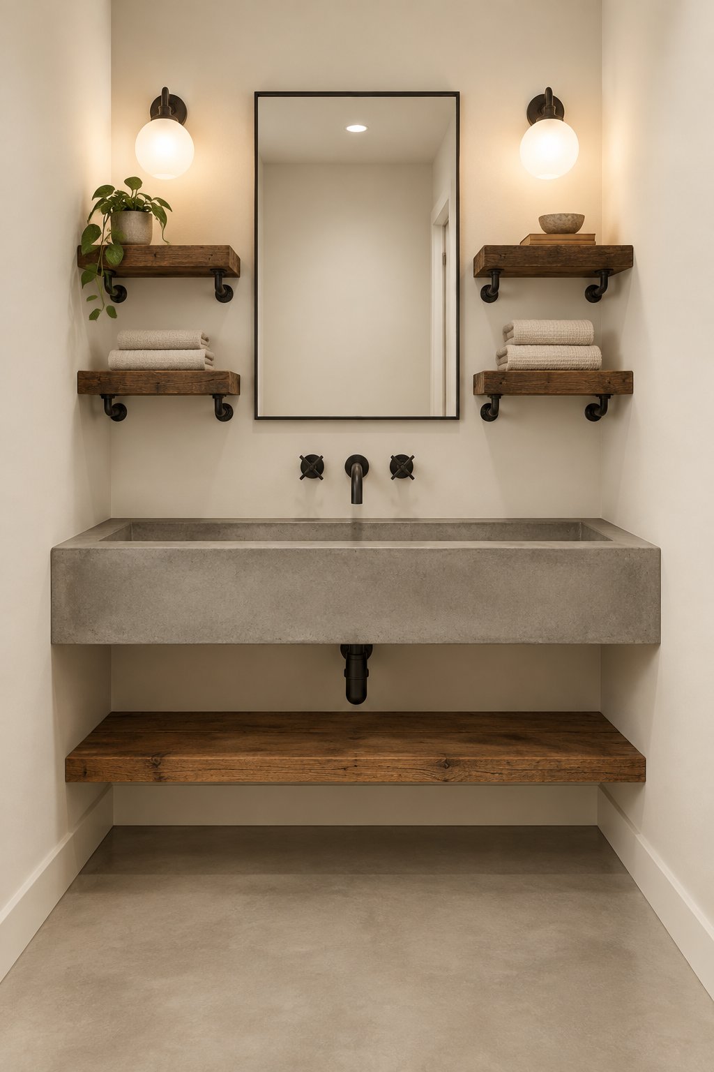 A bathroom with warm off-white walls, concrete floors, a concrete sink, wood shelves, and wall lights.