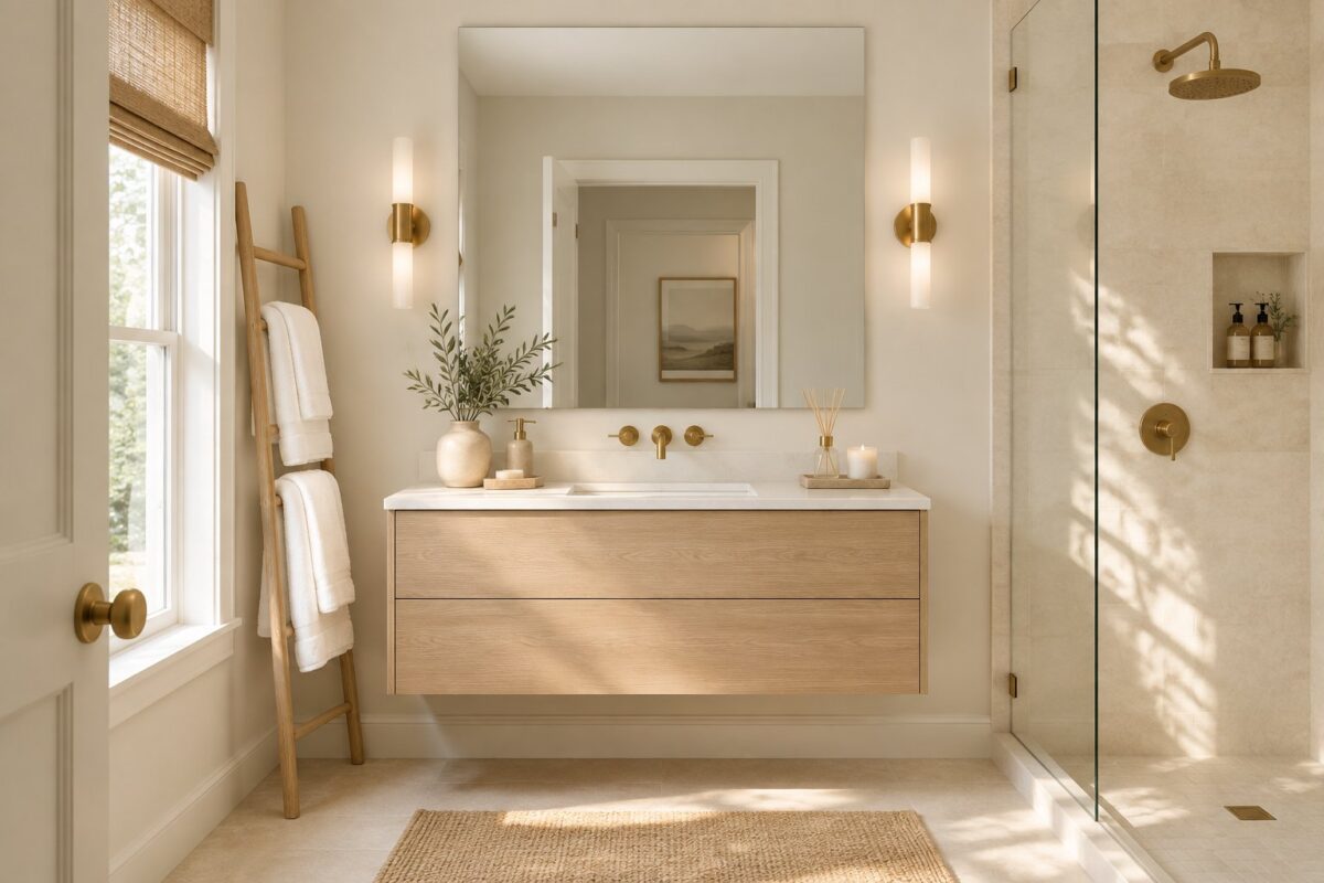 A bright bathroom with a floating wood vanity, brass fixtures, a mirror, and neatly folded white towels.