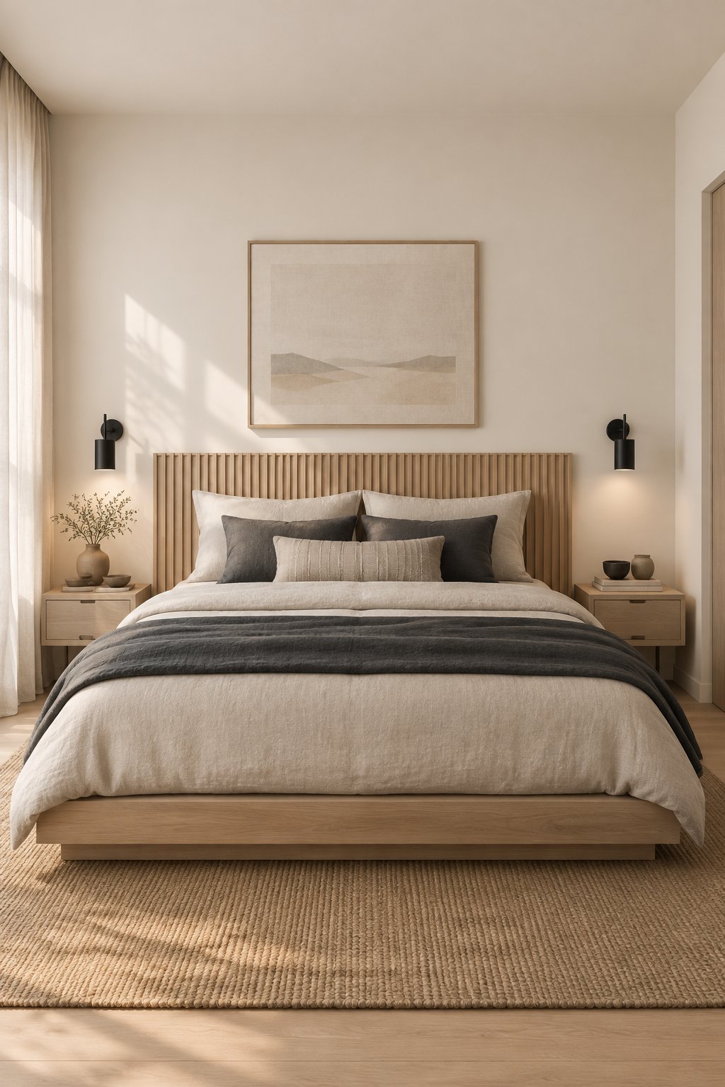 A calm bedroom with a low bed, warm pale walls, wood accents, neutral bedding, and soft morning light.