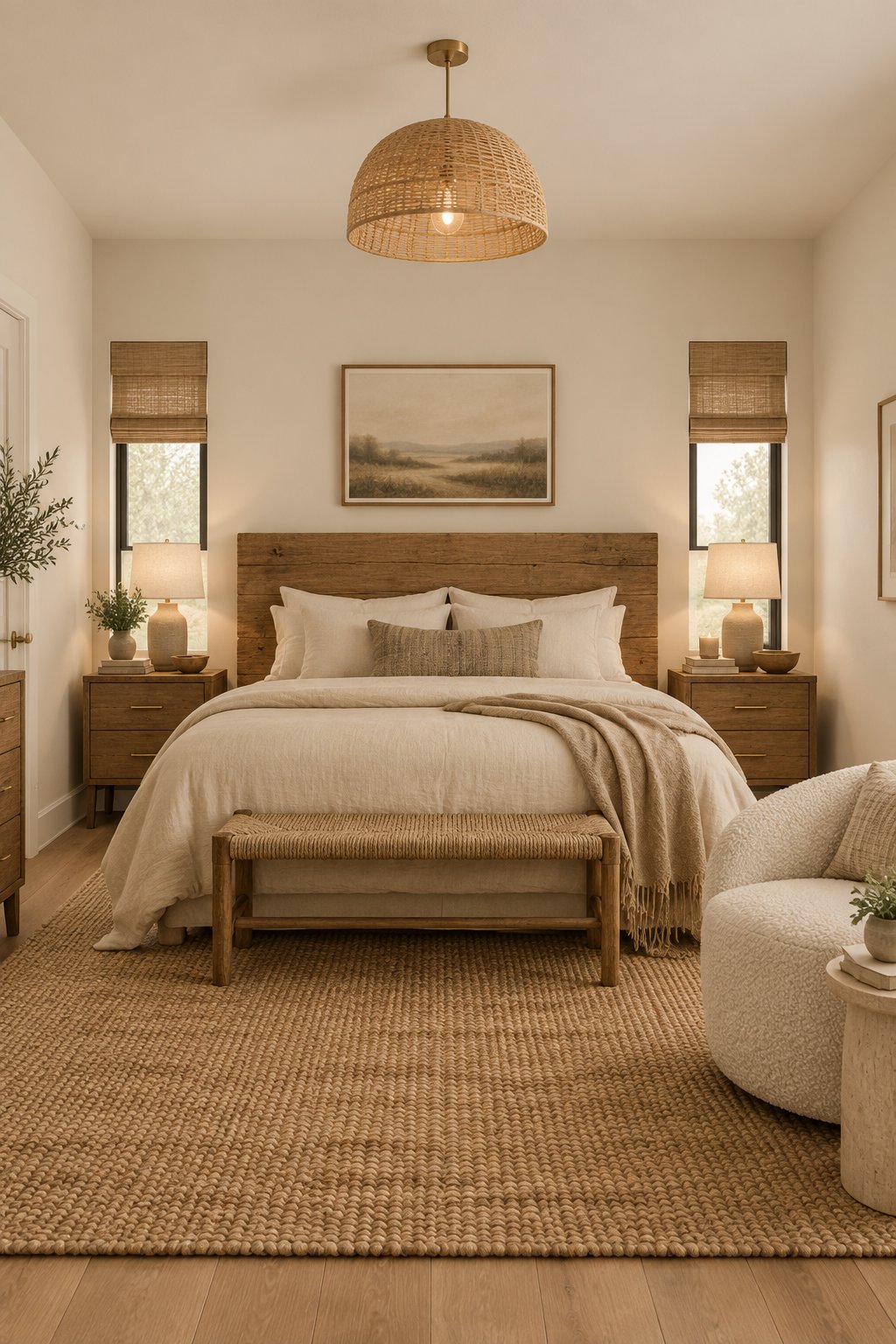 A bedroom with a bed, chair, rug, and warm lighting.