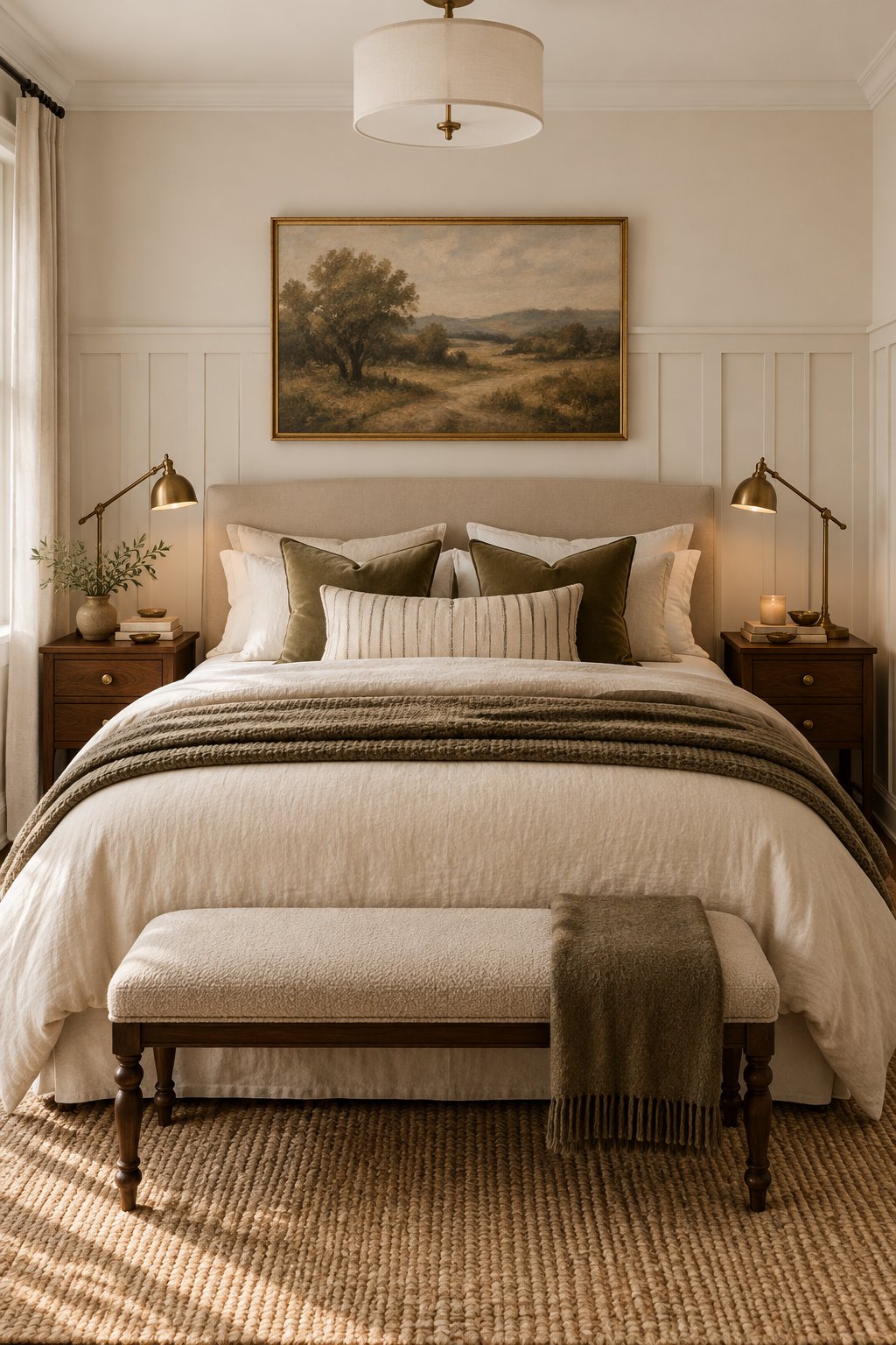 A cozy bedroom with a bed, nightstands, lamps, and layered bedding.