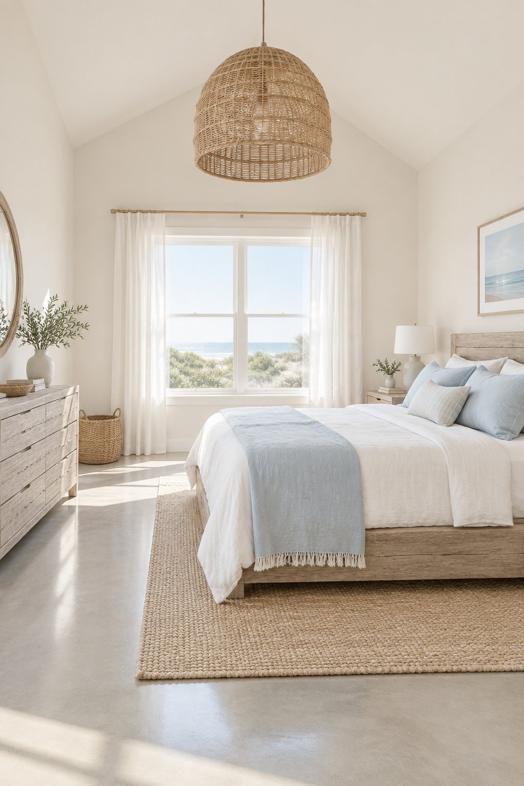 A bright bedroom with pale walls, a bed, wooden furniture, a woven pendant light, and a smooth concrete floor.