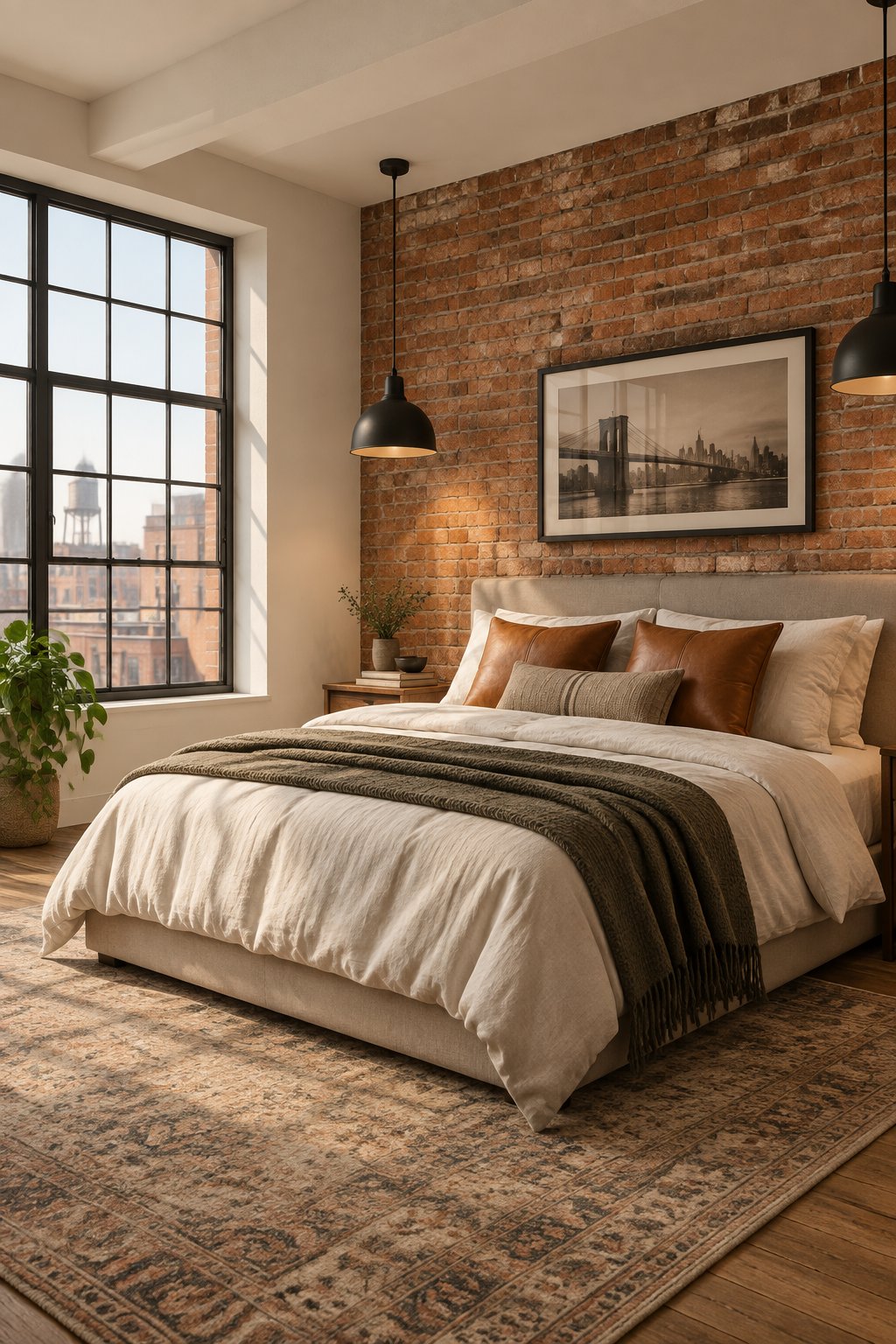 A bedroom loft with a bed, windows, exposed brick, pendant lights, pillows, and a rug.