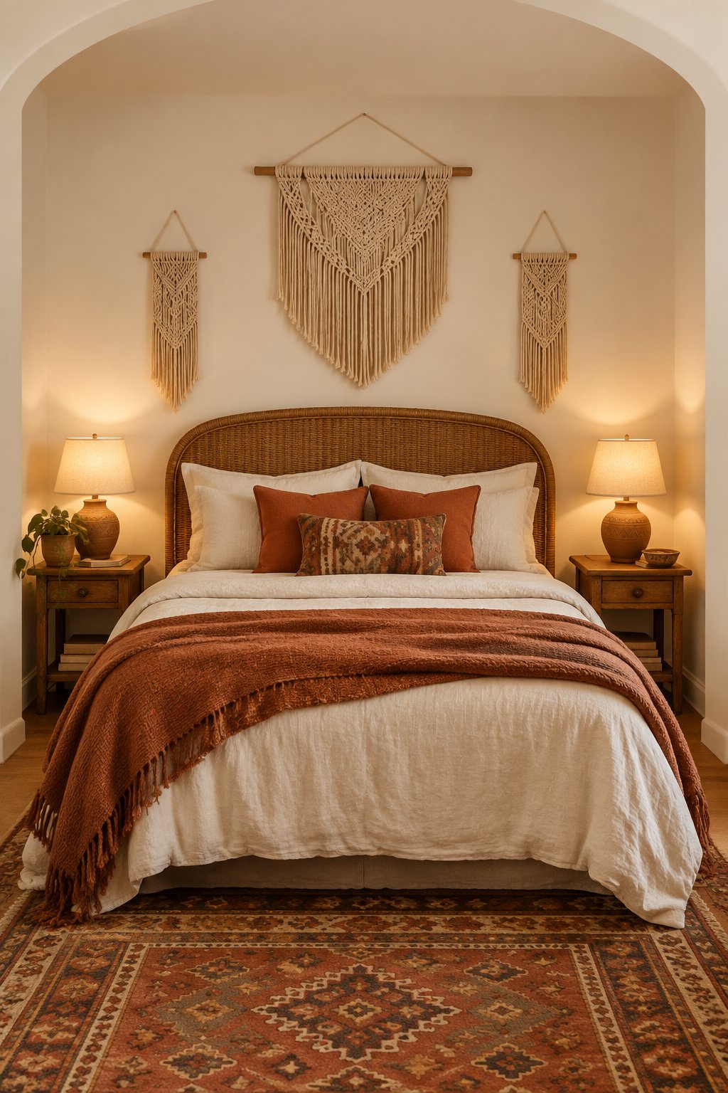 A cozy bedroom alcove with a bed, soft neutral walls, layered textiles, wall decor, lamps, and a patterned rug.