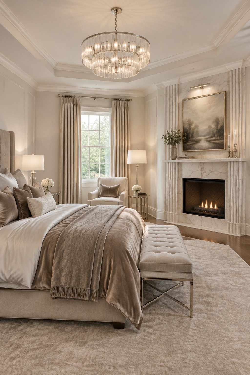 A refined bedroom with a bed, fireplace, neutral walls, and layered bedding.