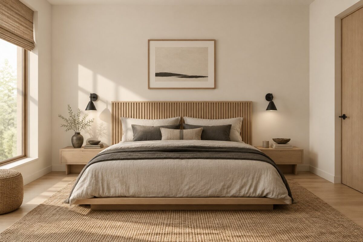 A calm bedroom with a low bed, pale walls, wood paneling, neutral bedding, and wall-mounted lights.