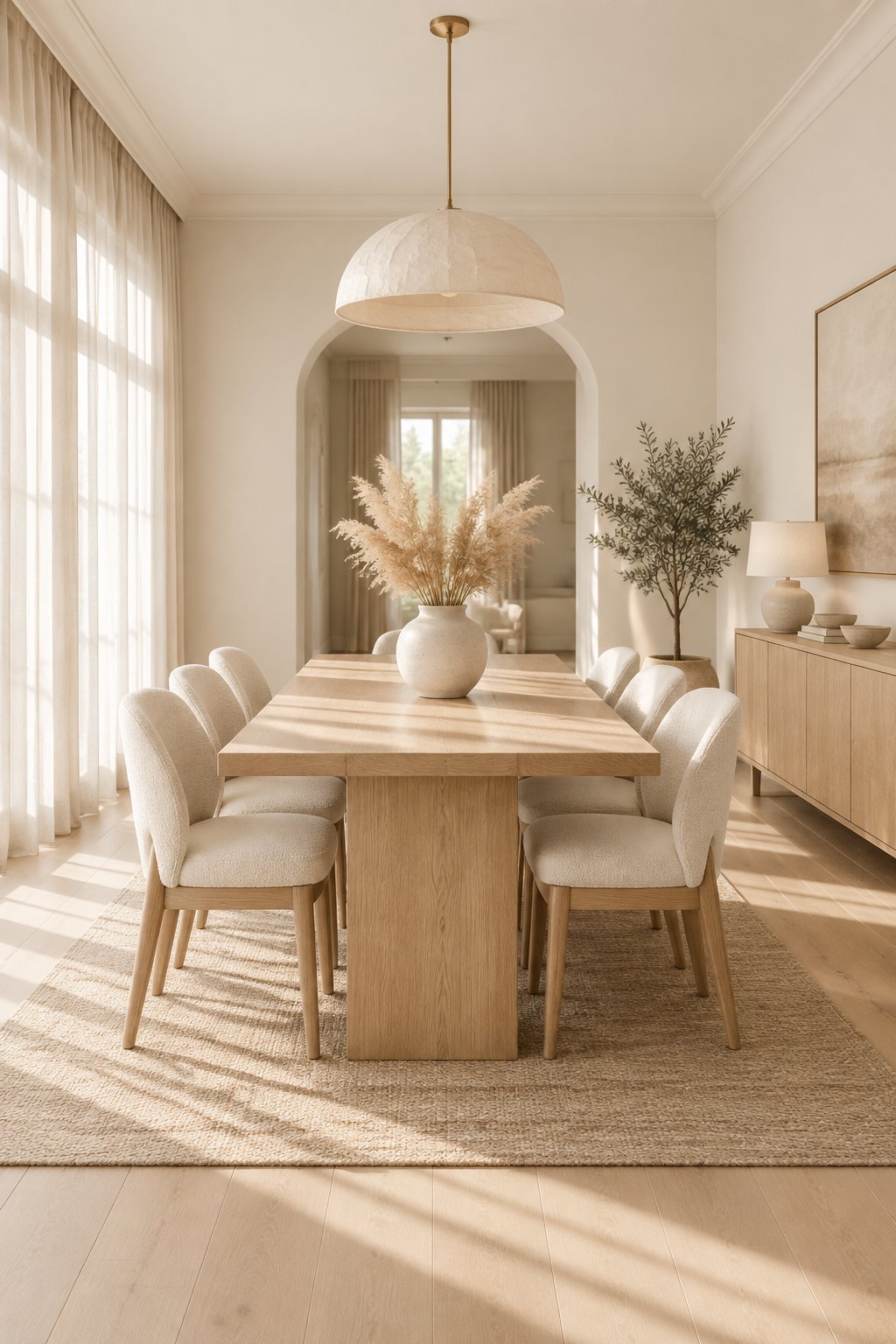 A bright dining room with a long wooden table, upholstered chairs, sheer curtains, and a vase of dried grasses.