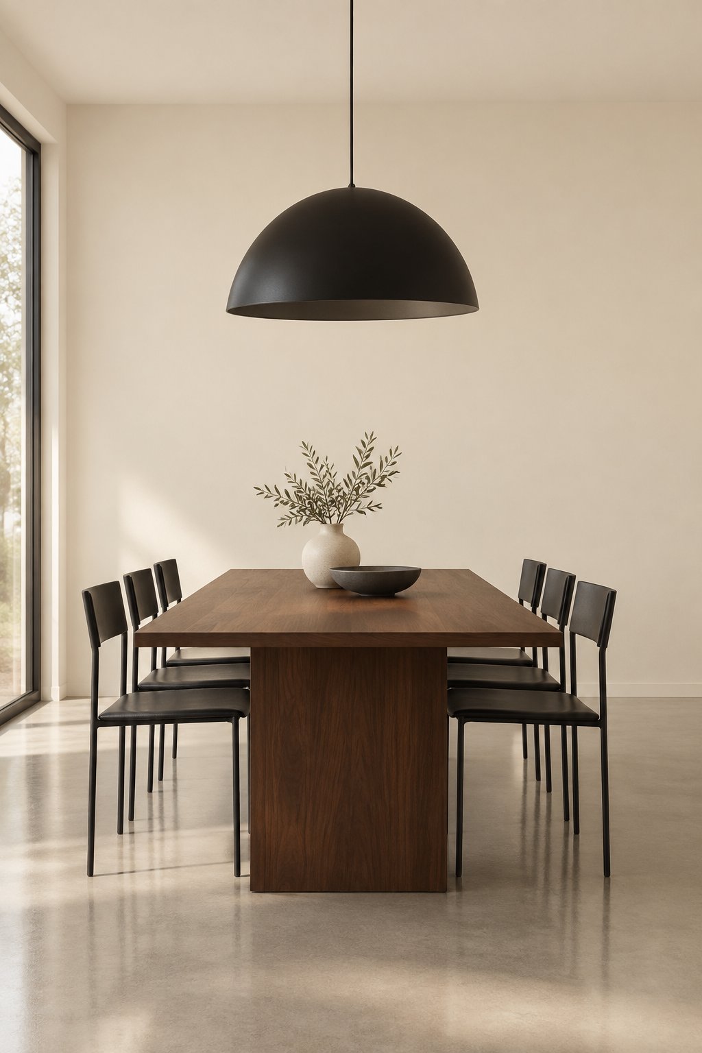 A quiet dining room with a dark table, black chairs, a hanging pendant light, pale walls, and a smooth gray floor.