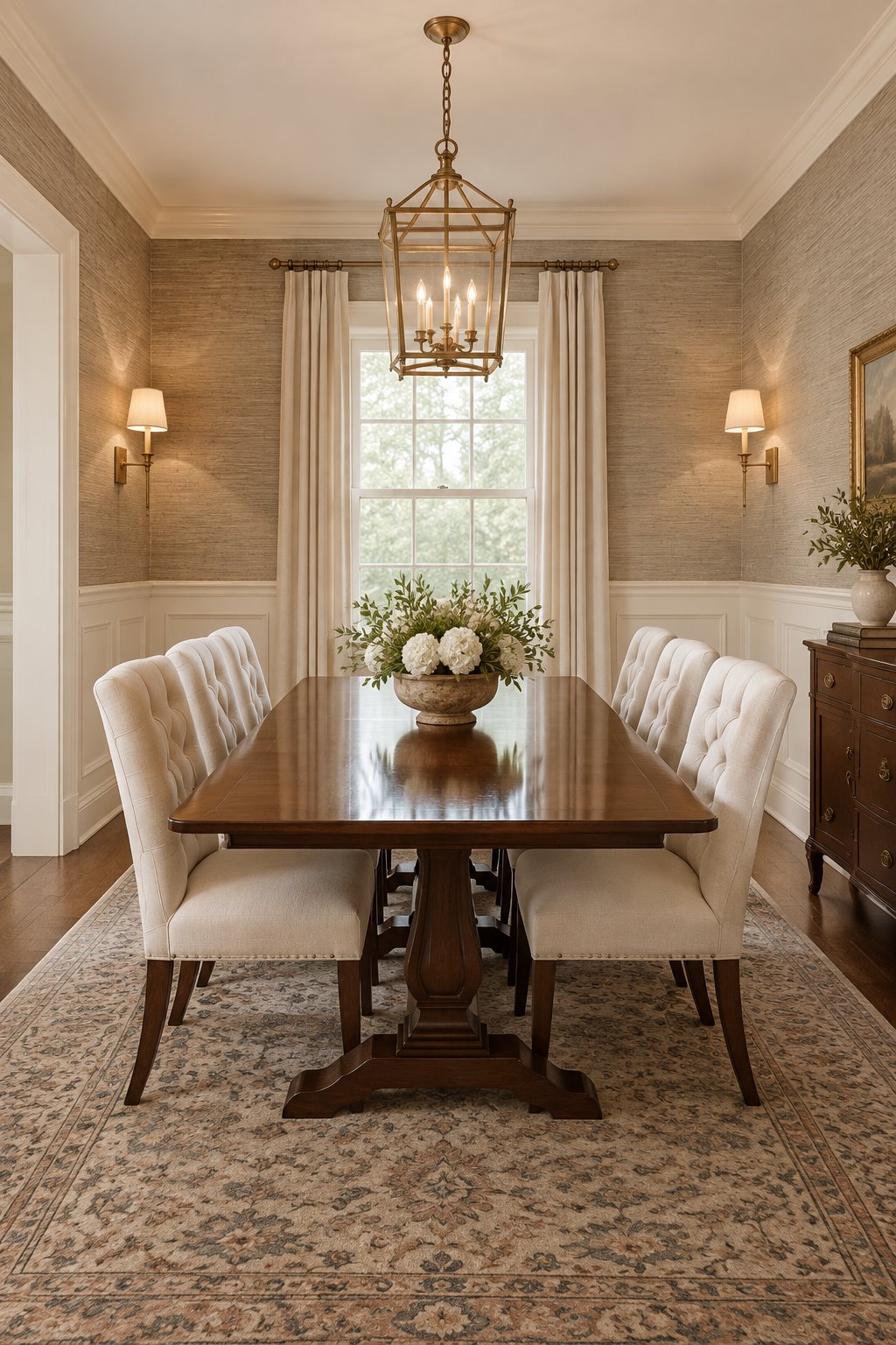 A traditional dining room with paneled walls, a dining table and chairs, a patterned rug, and wall sconces.
