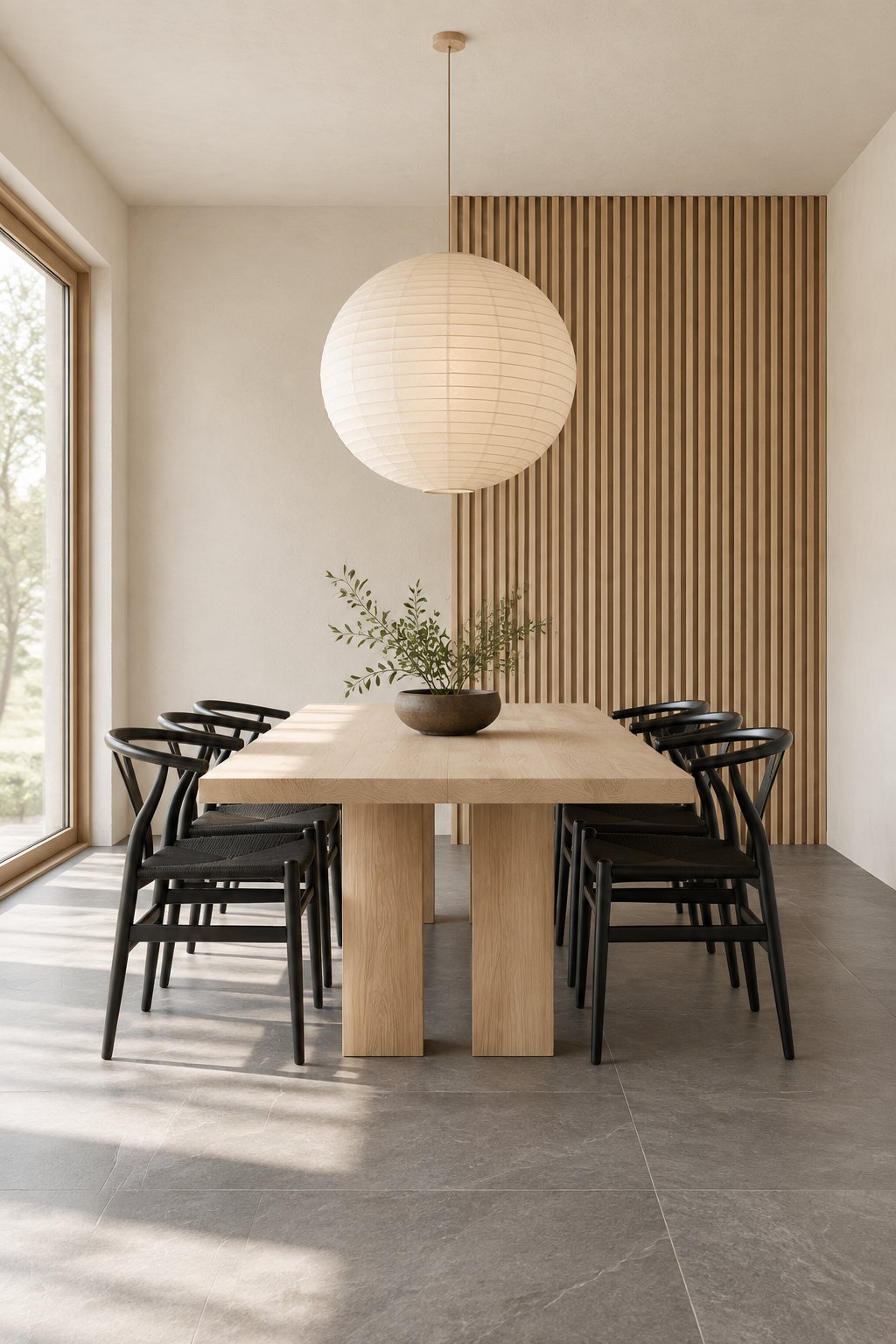 A bright dining room with a wood table, dark chairs, a globe pendant light, and gray tiled flooring.