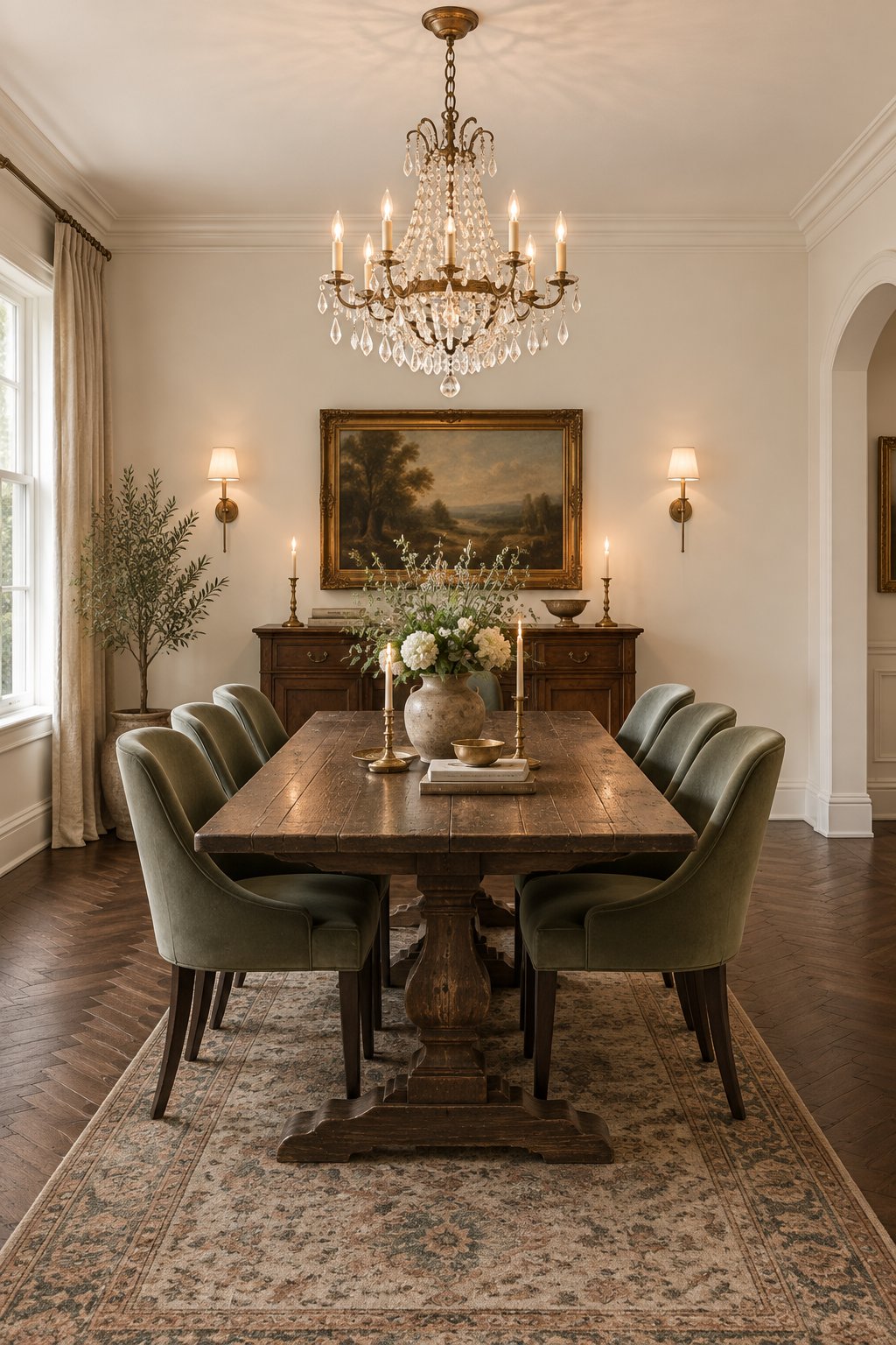 A dining room with a dark wood table, green upholstered chairs, a patterned runner, and a hanging chandelier.