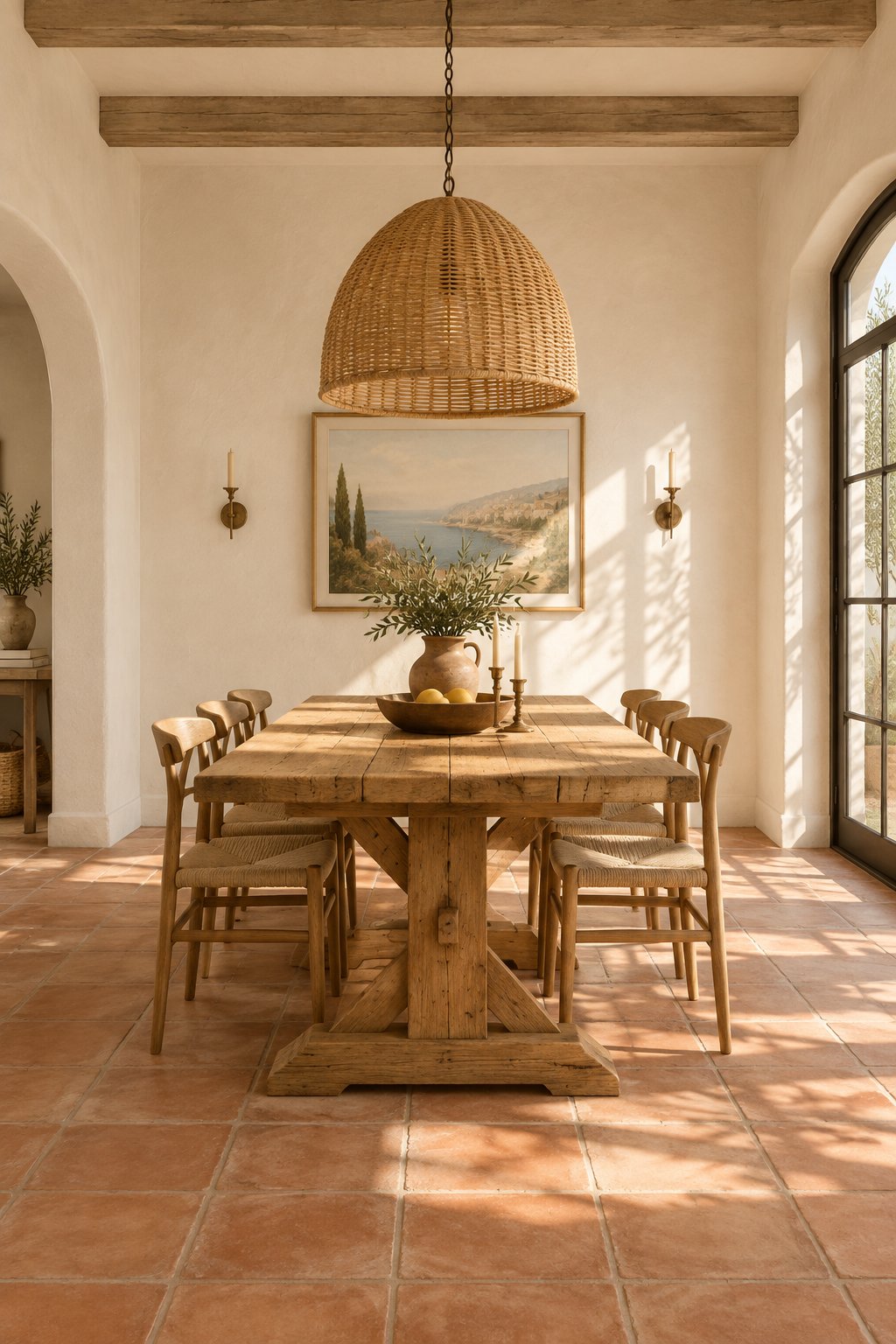 A sunlit dining room with a wooden table, terracotta floor tiles, textured light walls, and a woven pendant light.