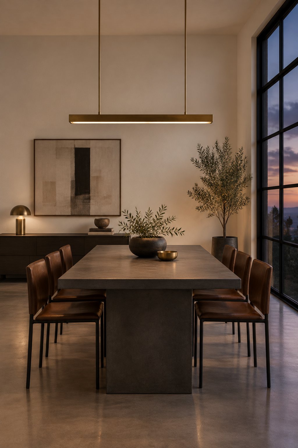 A contemporary dining room with a dark table, leather chairs, large windows, and hanging lights.