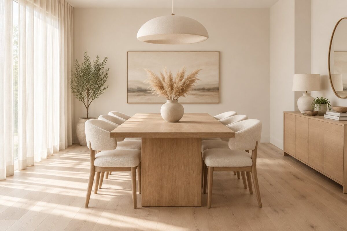 A bright dining room with a long wooden table, upholstered chairs, sheer curtains, and a vase of dried grass.