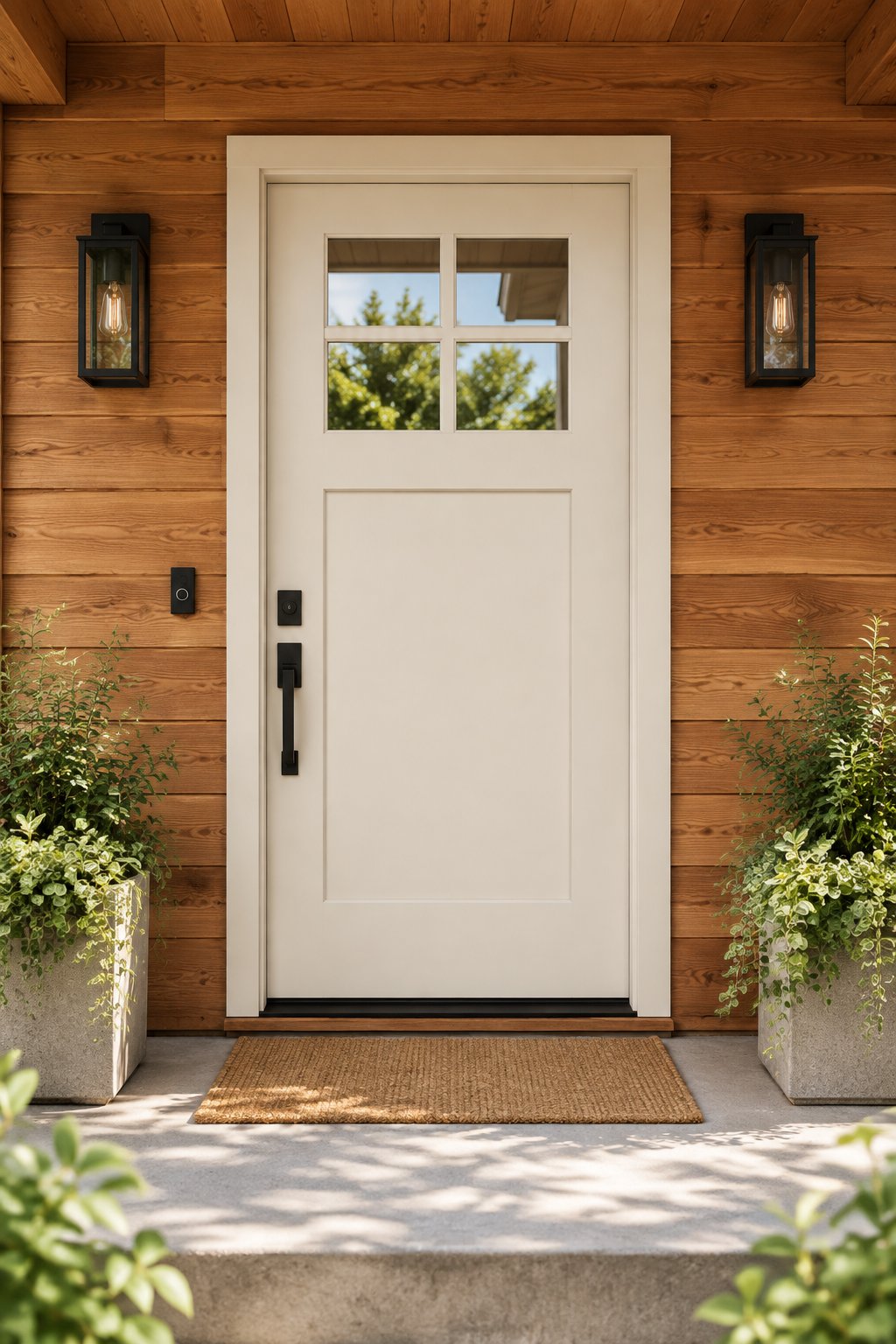 A modern home entrance with a light-colored front door, dark hardware, and warm wooden siding.