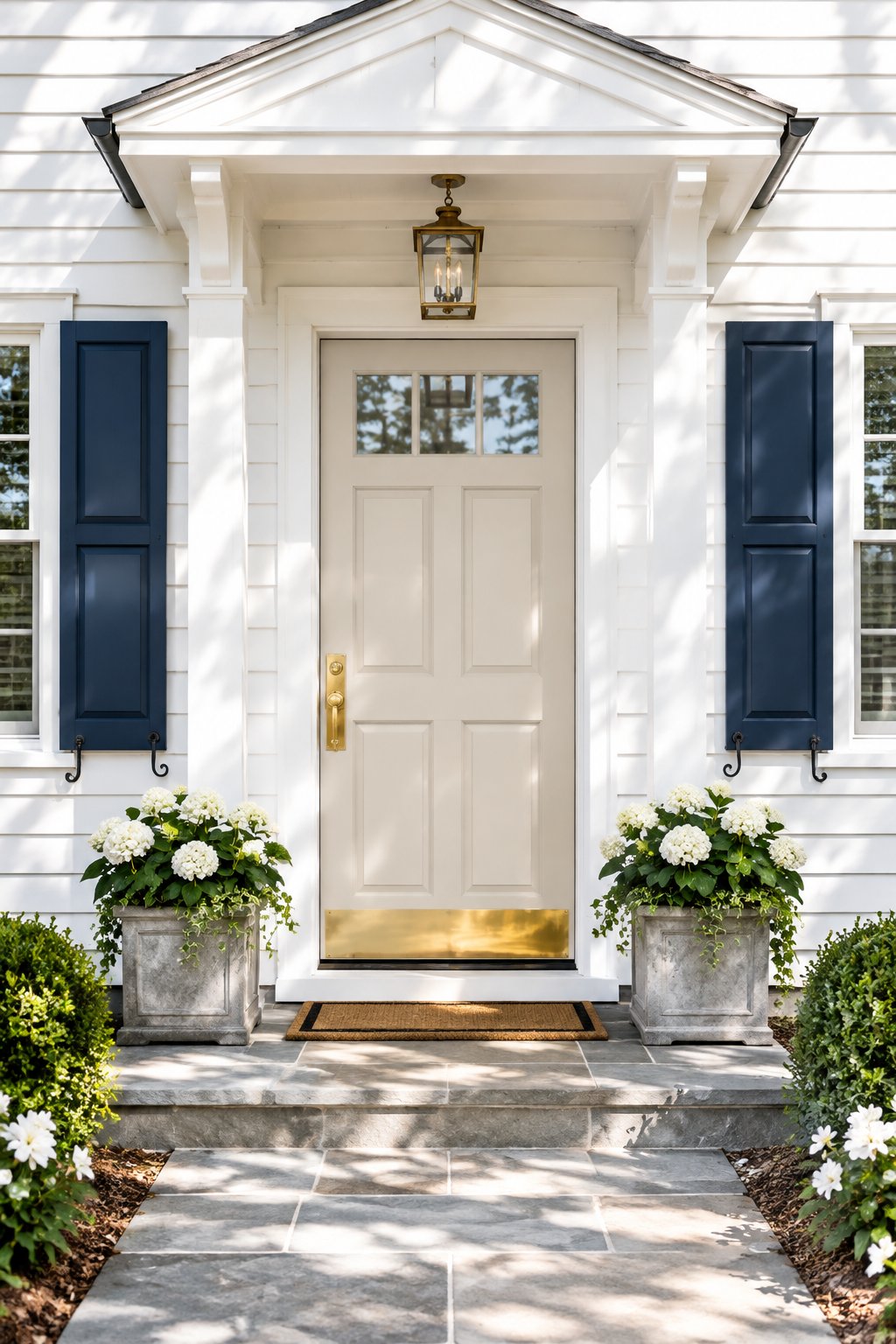 A white clapboard porch with a warm light-colored front door, dark blue shutters, and a brass plate at the bottom of the door.