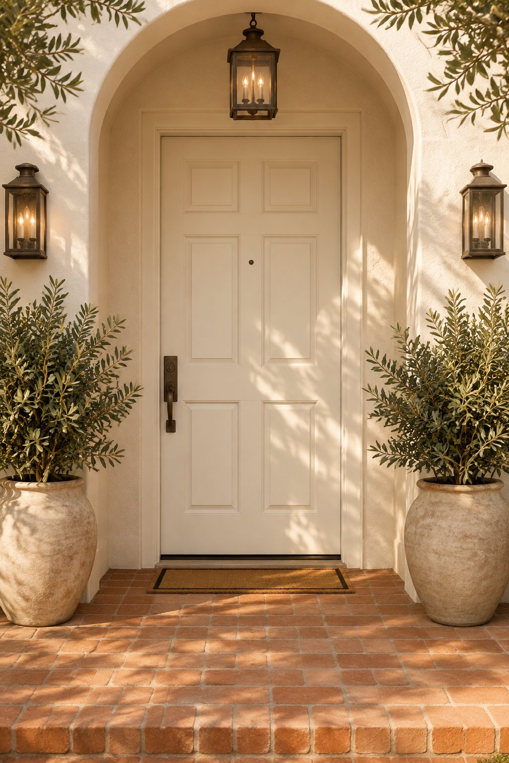 An inviting entryway with a light-colored front door, terracotta brick porch, and olive green plants in large planters.