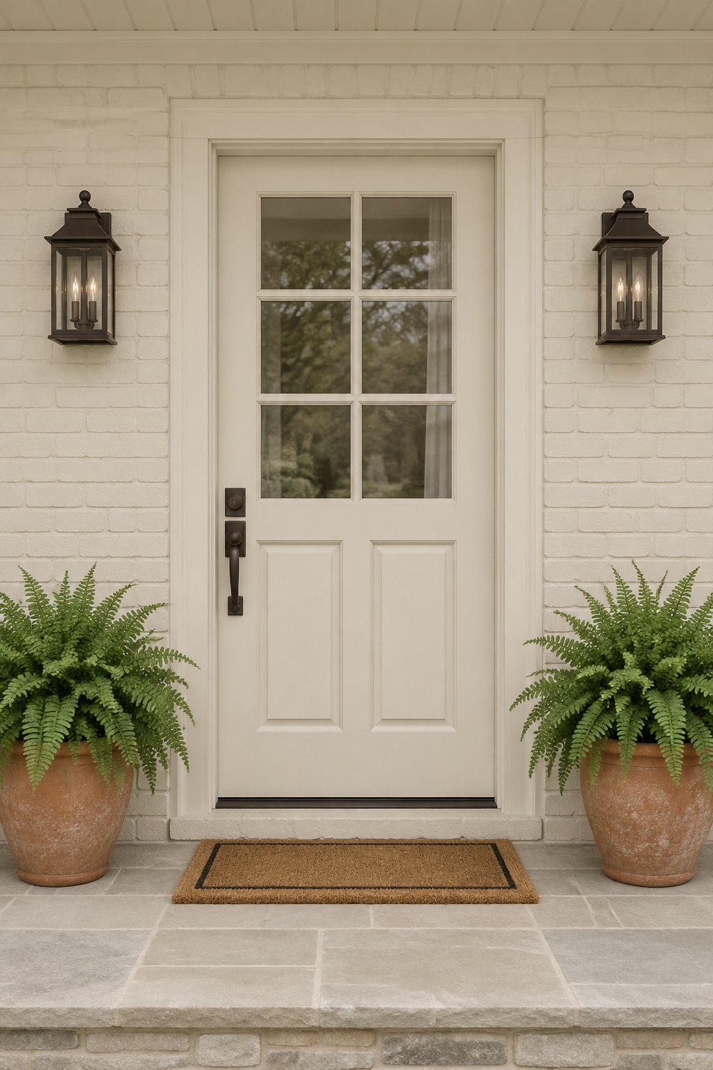 A monochromatic brick entryway with a front door, wall sconces, a coir doormat, and green ferns in terracotta pots.