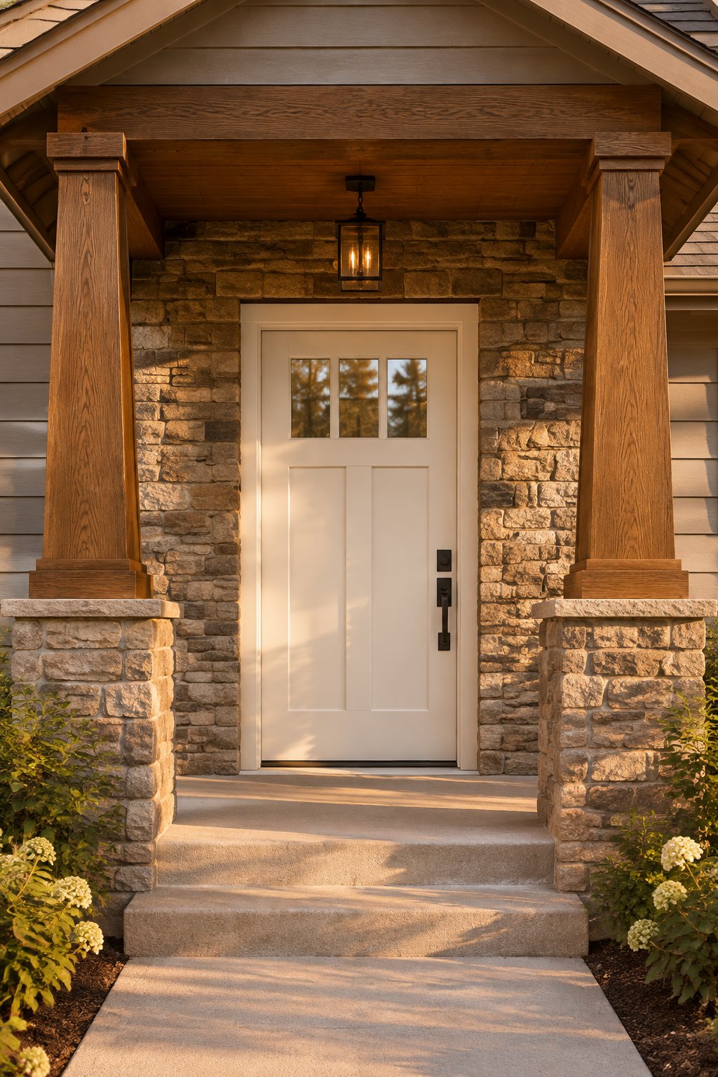 A Craftsman home entrance with a light-colored front door, stone walls, wooden porch columns, and warm sunlight.