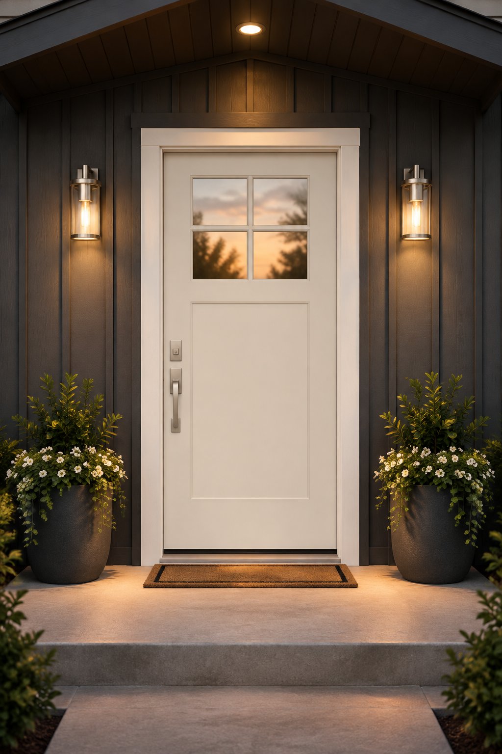 A contemporary entryway with a light-colored front door, dark vertical siding, a porch step, and soft evening lighting.