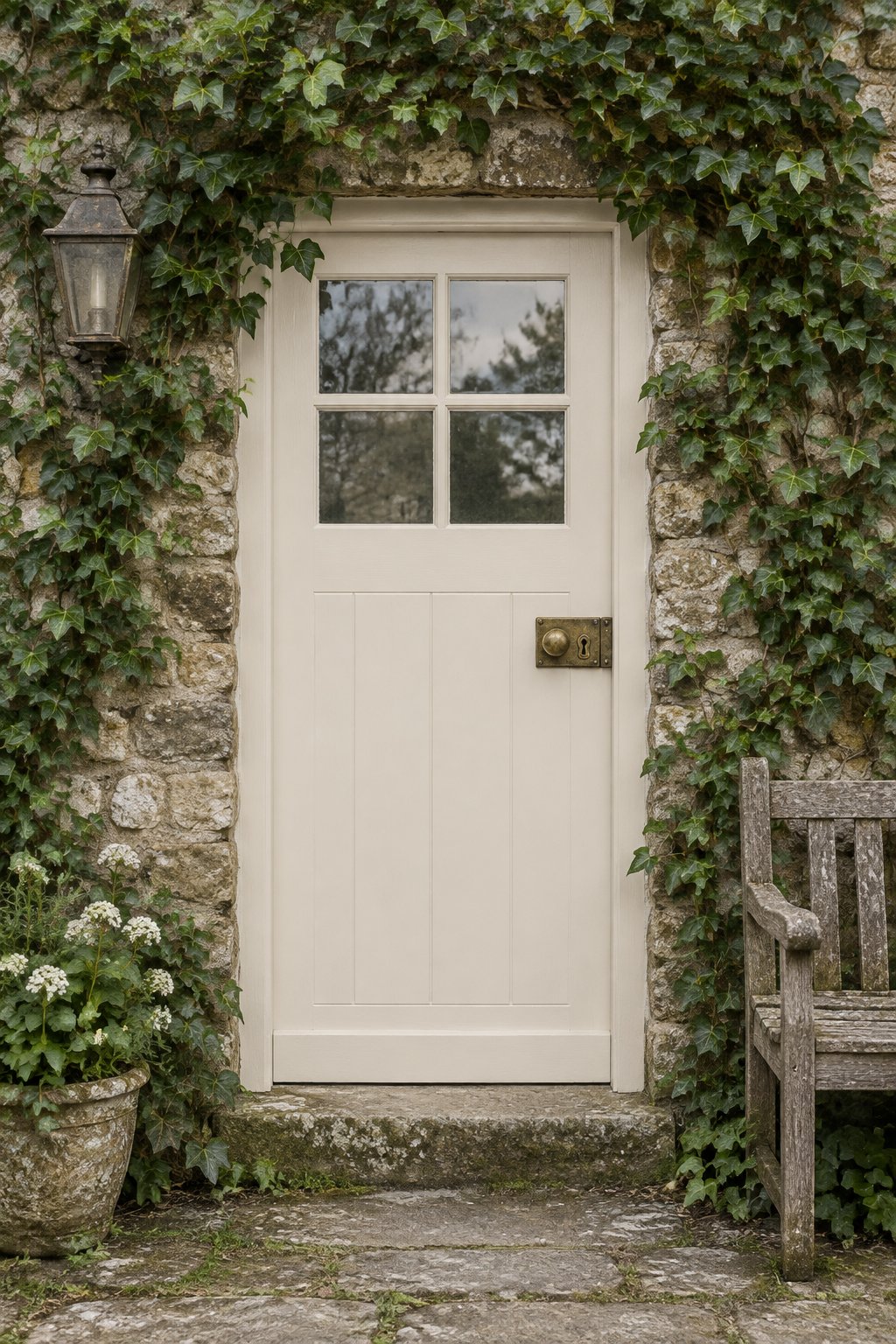 A cottage entrance with a pale front door, stone walls, green ivy, and a wooden bench.