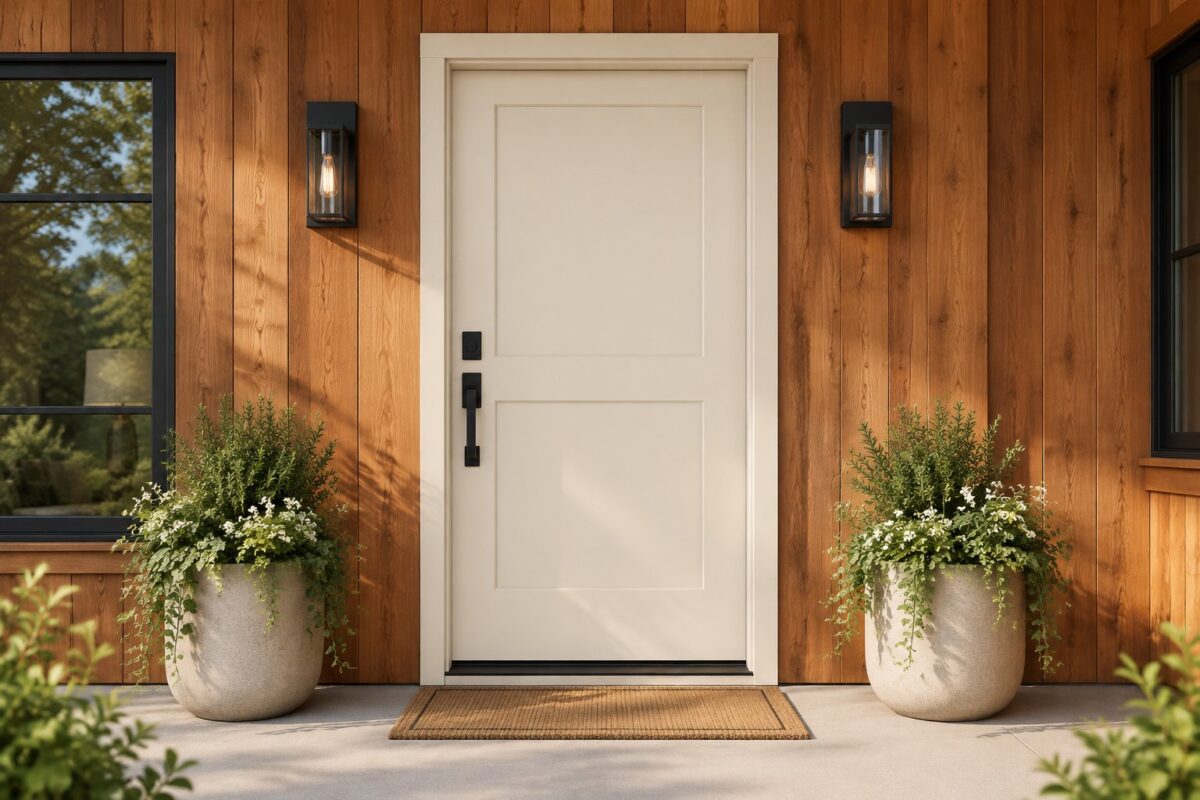 A modern home entrance with a light-colored front door beside warm wooden siding.