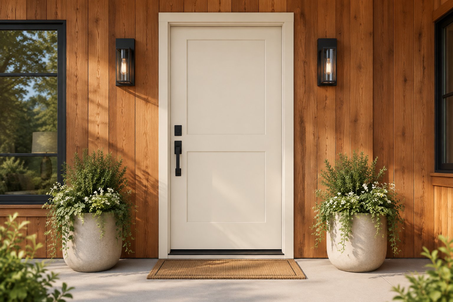 A modern home entrance with a light-colored front door beside warm wooden siding.