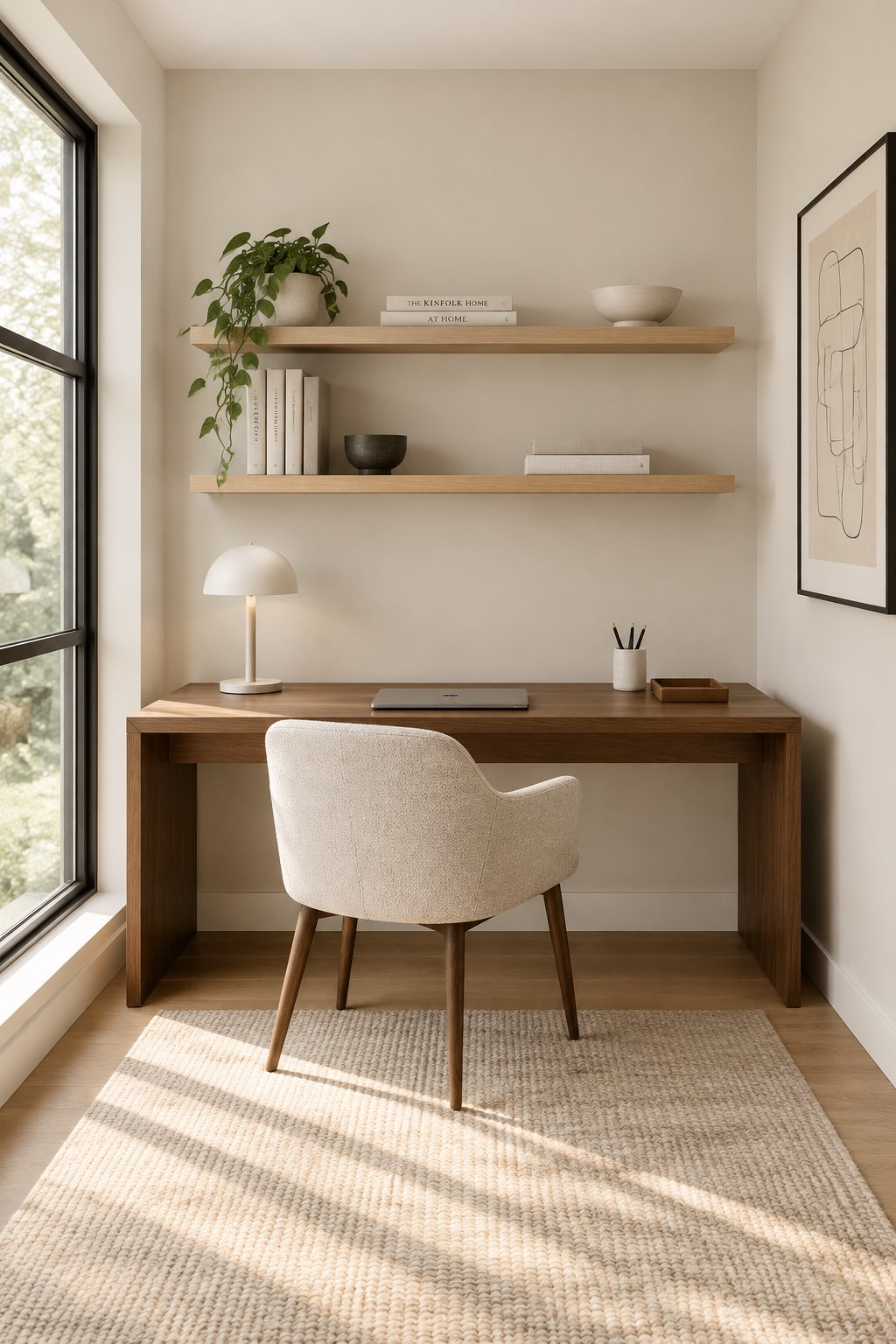 A minimalist home office with warm light walls, wooden shelves, a walnut desk, and daylight from a large window.